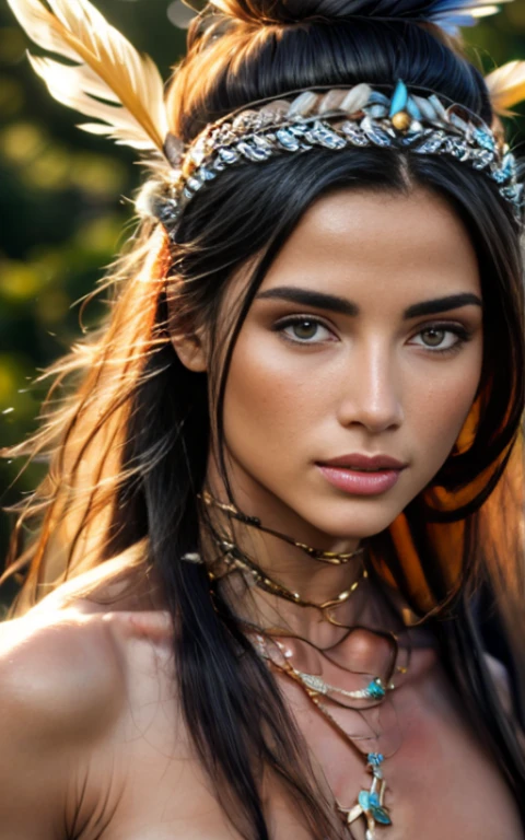 Arafed woman with feathers and feathers on her head, Beautiful young shaman, she is dressed in shaman clothes, a young female shaman, retrato de princesa asteca, : native american shamen fantasy, Retrato de uma jovem Pocahontas, corpo musculoso vestindo coroa de penas brilhantes, menina com penas, Retrato de Pocahontas, Nativo americano, lighting dramatic