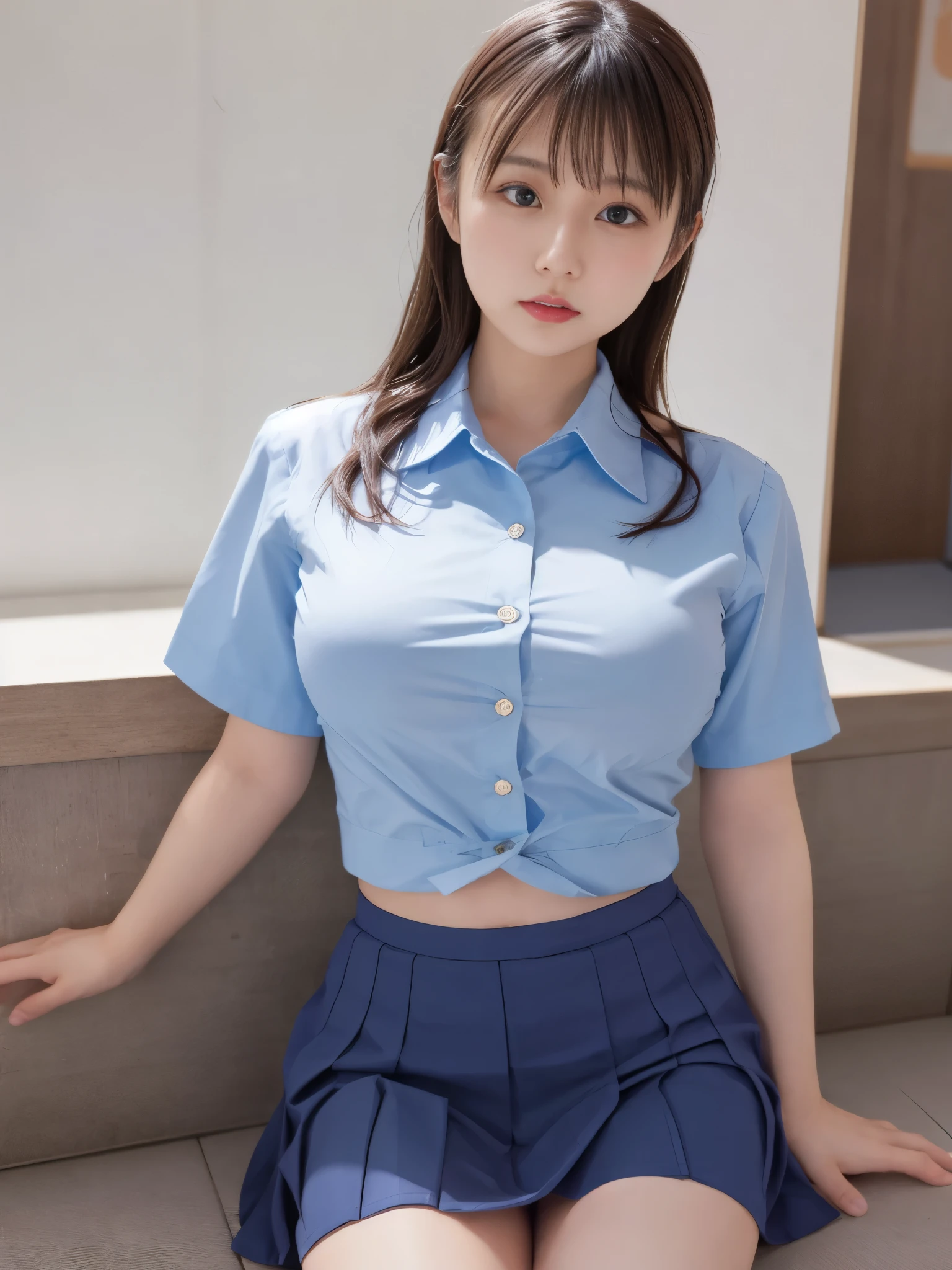 A beautiful female college student wearing a navy blue tight skirt and a blue shirt has been , tied up, and confined in a bedroom.
