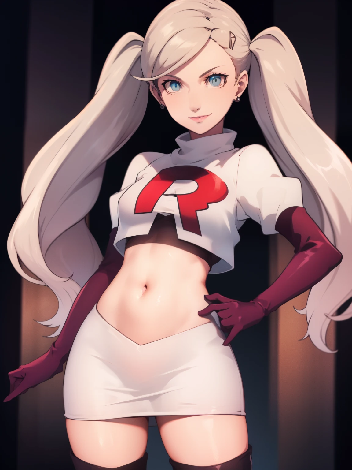 AnnTak, glossy lips ,team rocket uniform, red letter R, white skirt,white crop top,black thigh-high boots, black elbow gloves, evil smile, looking at viewer, cowboy shot