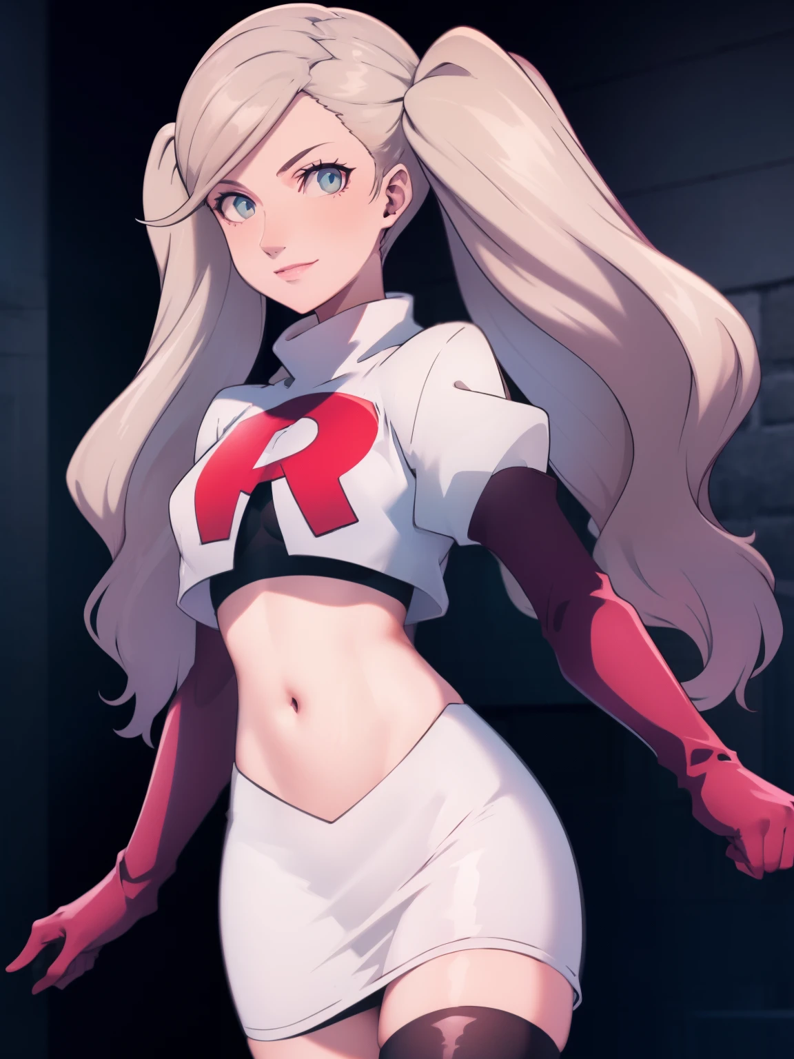 AnnTak, glossy lips ,team rocket uniform, red letter R, white skirt,white crop top,black thigh-high boots, black elbow gloves, evil smile, looking at viewer, cowboy shot