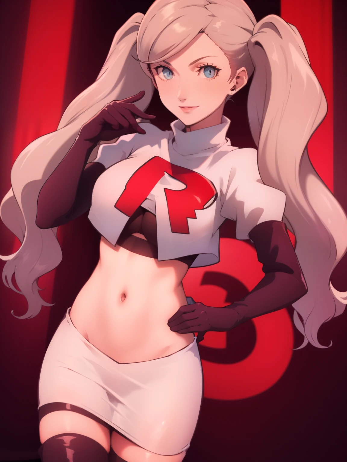 AnnTak, glossy lips ,team rocket uniform, red letter R, white skirt,white crop top,black thigh-high boots, black elbow gloves, evil smile, looking at viewer, cowboy shot