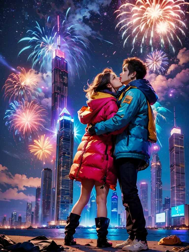 A stunning photo captures this wonderful New Year&#39;s Day concert performance，nigh sky，gorgeous color，(Concert scene)，(crowd of)，Milky Way，(skyscrapers on the shore:1.5)，(city night scene:1.2)，(Couple wearing down jackets hugging:1.5)，Watch the fireworks，Detail and color reproduction，Grand celebration、brilliant colorful、Happy mood、Fireworks explosions、Sparkling fireworks atmosphere、permanent memory，((anatomy correct，Accurate and perfect facial features))