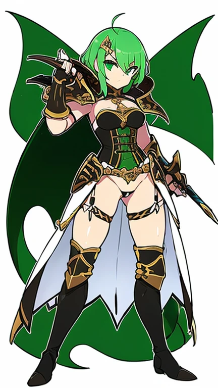 1girl, sword, holding sword, waist armor, ((thong)), undershirt, gloves, white background, full body, solo, gauntlets, multiple views, white cape, small shield, holding shield, ((dark green hair)), wavy hair, reference sheet, corset, armored dress, slit trench skirt,