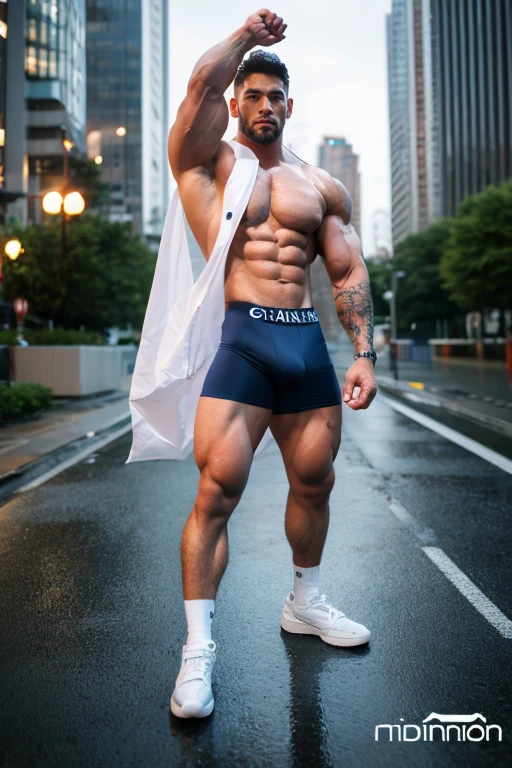 sailor moon male version, ( body (muscle man, big muscle, big muscles, morrudo , abs, 30 years old, asian man , beard , tattoos blonde , simetric face)) wearing a sailor moon outfit in latex, bow, choker, tiara , sailor unifor Handsome white thong. in dark night (rain, little moon, city, glitter) plane 3/4, full length portrait, 8k, high definition, perfect details , photorealistic, photo.