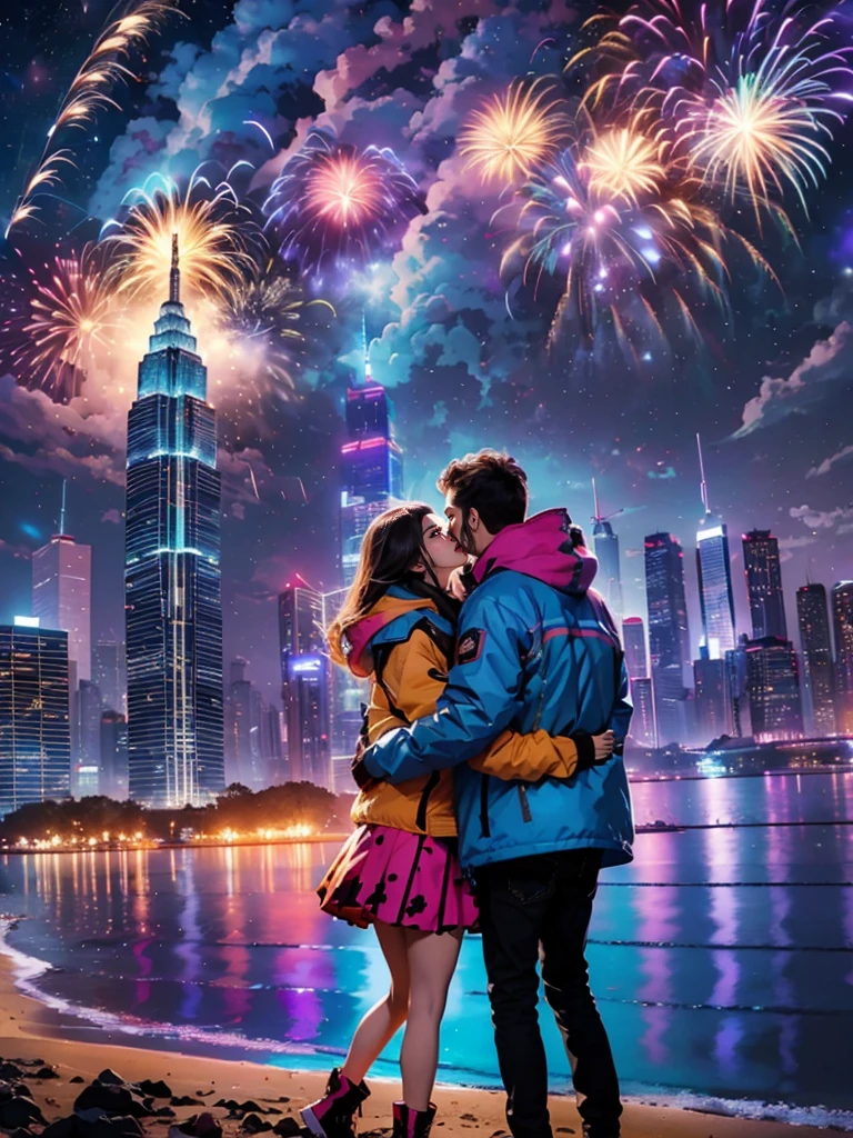 A stunning photo captures this wonderful New Year&#39;s Day concert performance，nigh sky，gorgeous color，(Concert scene)，(crowd of)，Milky Way，(skyscrapers on the shore:1.5)，(city night scene:1.2)，(Couple wearing down jackets hugging:1.5)，Watch the fireworks，Detail and color reproduction，Grand celebration、brilliant colorful、Happy mood、Fireworks explosions、Sparkling fireworks atmosphere、permanent memory，((anatomy correct，Accurate and perfect facial features))