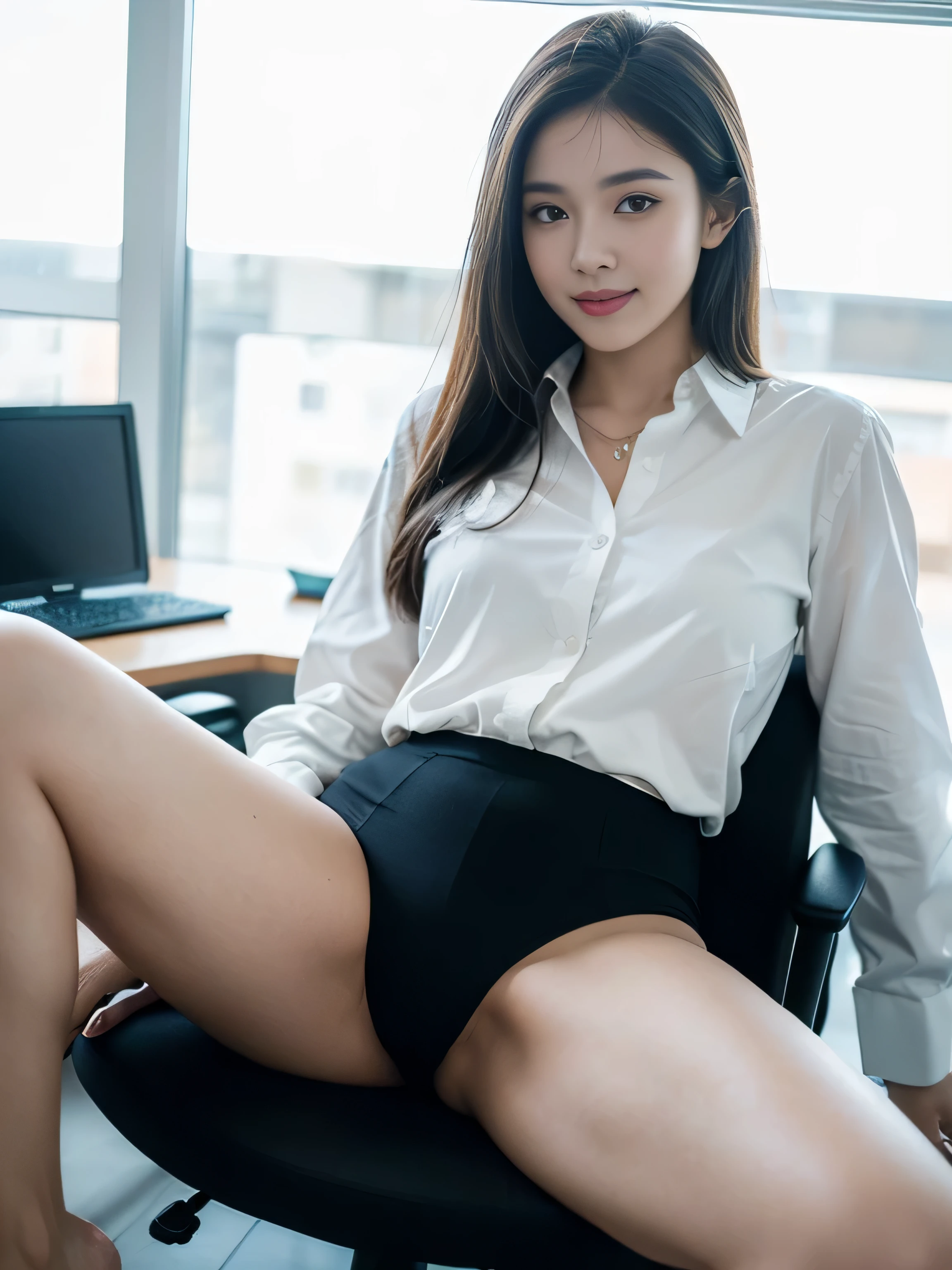 (8K high image quality), (top-quality), (RAW image quality),(masutepiece:1.2), (Realistic), (Photorealistic:1.37), largeeyes,long eyelasher,Precise action and realistic style),The Ultimate Face,Photorealistic, Light and shadow,Clear facial features,milky skin,Fair skin, highdetailskin,Realistic skin details,Visible Pore,(Super Detail),Hair length is random, (Flowing hair),Best portraits,Shot from a short distance, Only one girl, Cute,Beautiful detailed eyes, beautiful detailed nose, highlydetailed skin) ,(Beautiful face with double eyelids), (Realism: 1.4),,delicate and beautiful face,,25-years old,(Beautiful Face 1.4),A slender, (Wearing an OL suit:1.2),((In the company,Big Office)),,Natural smile,(,Looks fun),Medium Hair,,((Wearing an OL suit)),Very beautiful legs,(((Smile at your audience)),The color of the pants is black,Very attractive smile,Sit with your legs wide open,((sit and show off black panties)),(((Spread your legs and show off your crotch)),Sitting in an office chair,