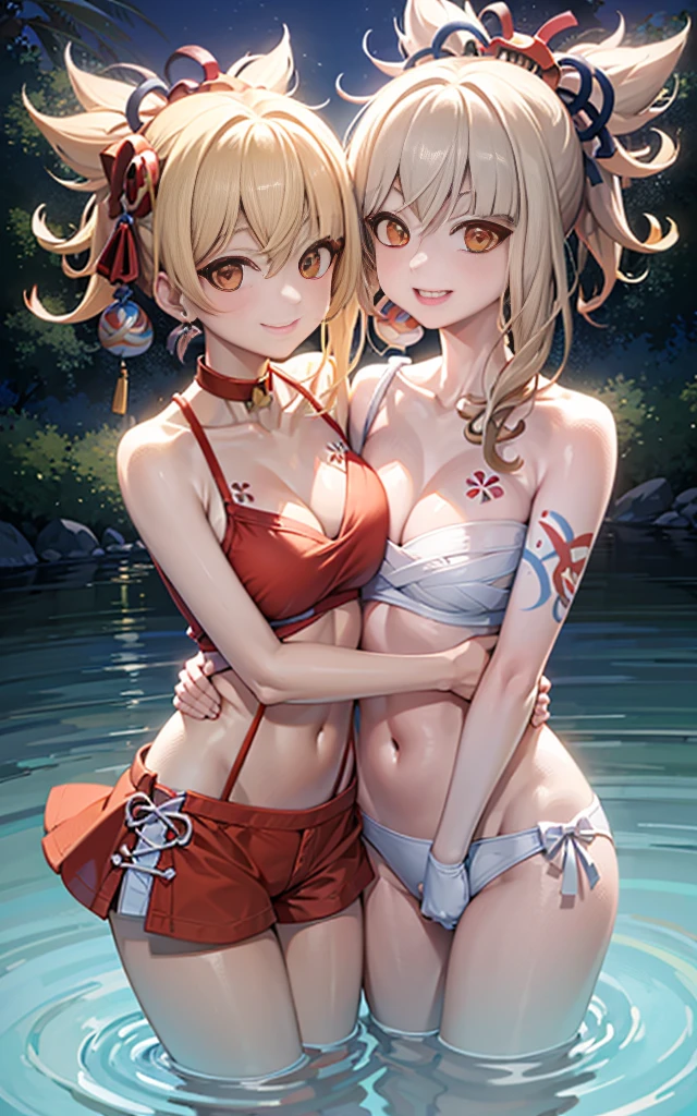 Two girls smiling in the water in the bathtub,No teeth exposed. Female twins, vivd colour,natural lightting, Best quality, Chest to chest, hugging eachother, sunny masterpiece, Navel Exposed, The face is red, Orange swimsuits holding each other'with her left hand, Full, Bigchest, Bigchest