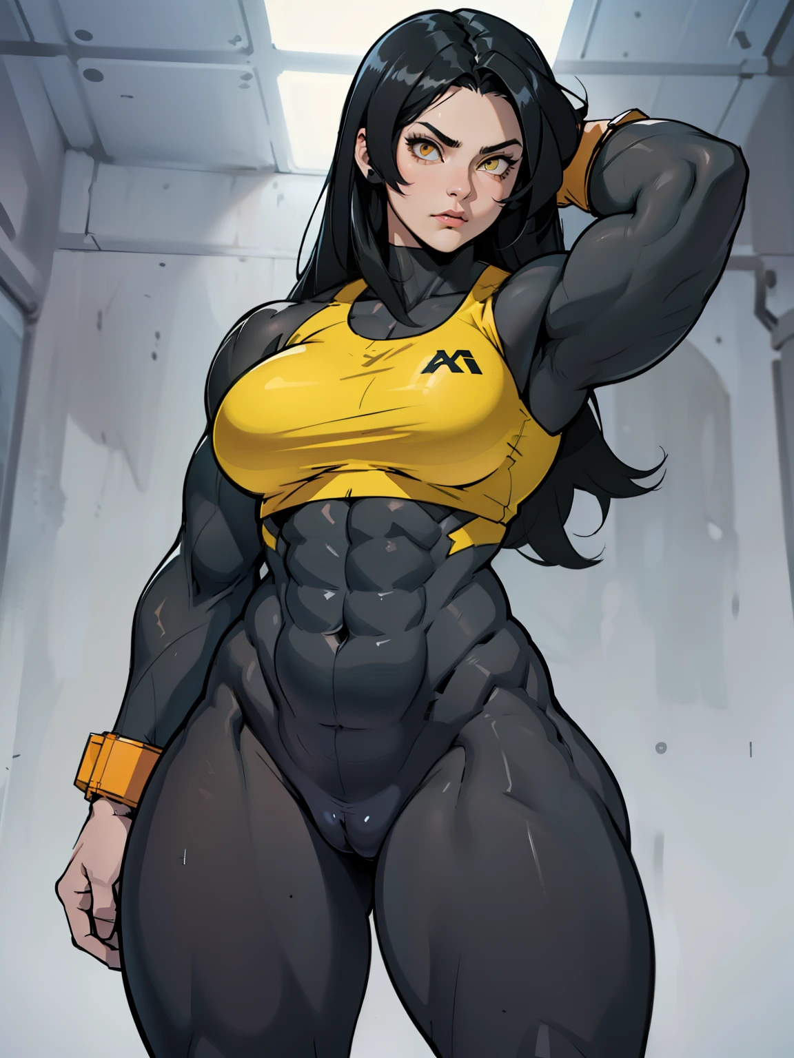 girl solo standing (((muscular girl toned body large breasts thick))) yellow eyes black hair pale skin perfect anatomy perfect anatomy perfect anatomy highly detailed best quality detailed eyes highly detailed best quality detailed eyes