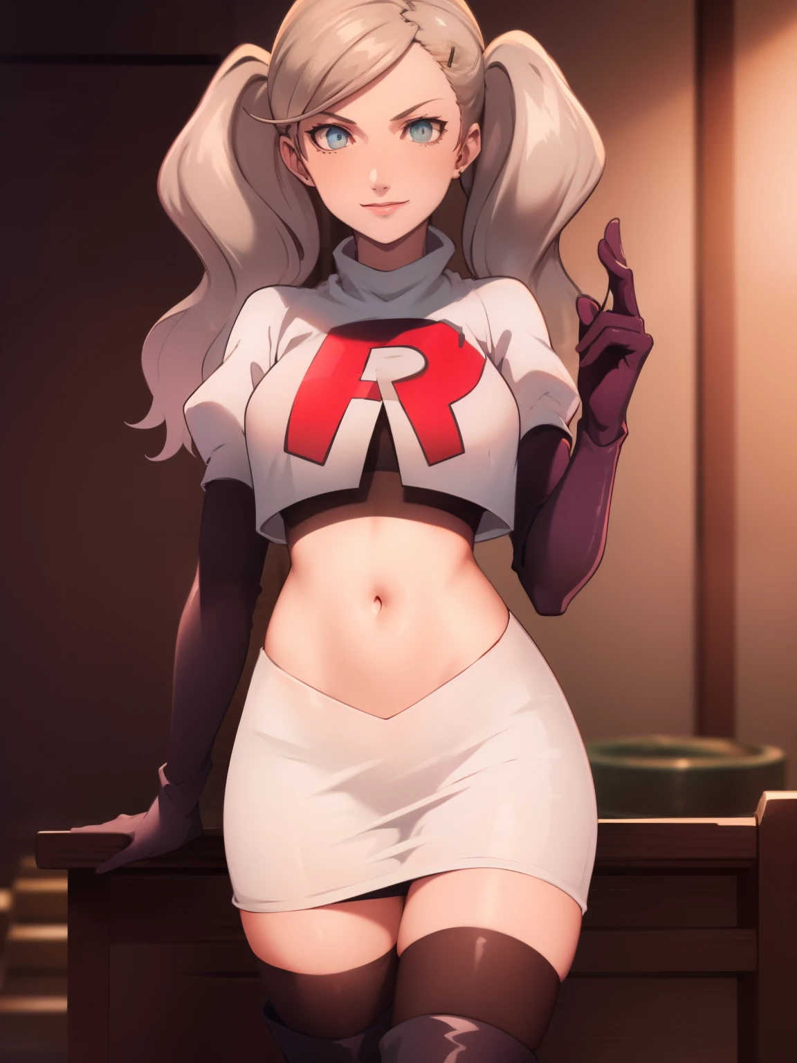 AnnTak, glossy lips ,team rocket uniform, red letter R, white skirt,white crop top,black thigh-high boots, black elbow gloves, evil smile, looking at viewer, cowboy shot