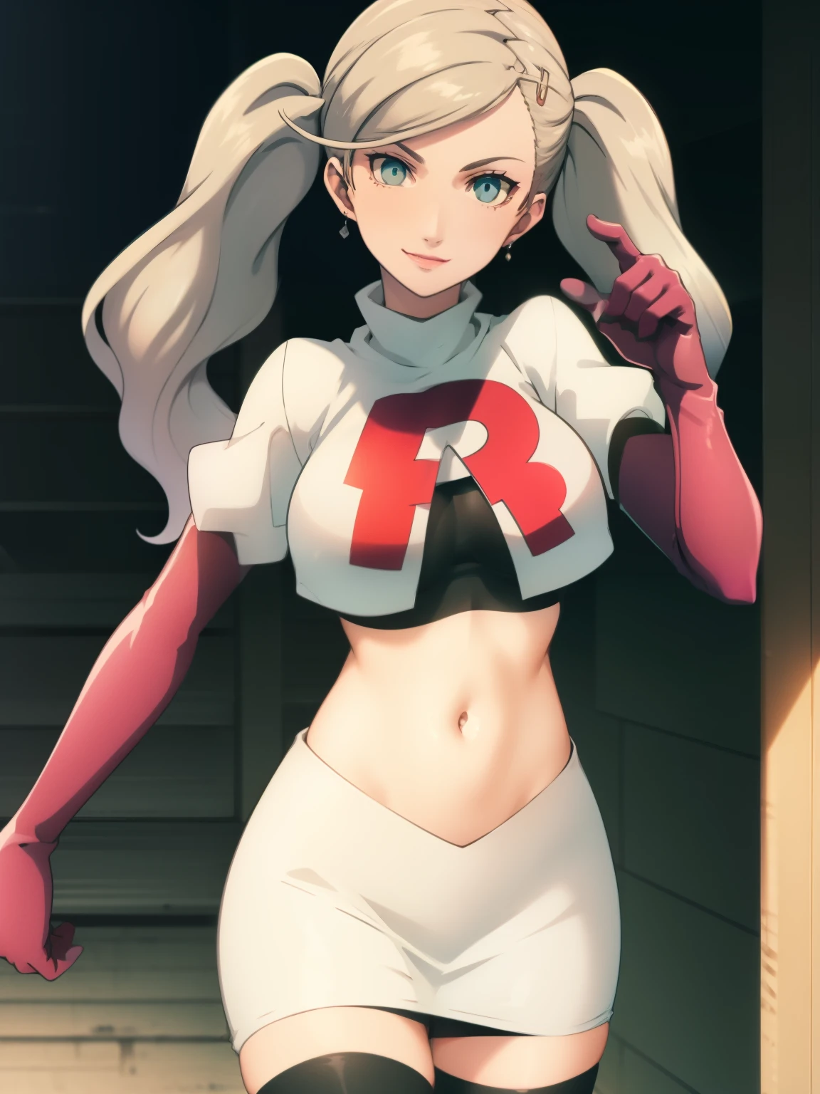 AnnTak, glossy lips ,team rocket uniform, red letter R, white skirt,white crop top,black thigh-high boots, black elbow gloves, evil smile, looking at viewer, cowboy shot