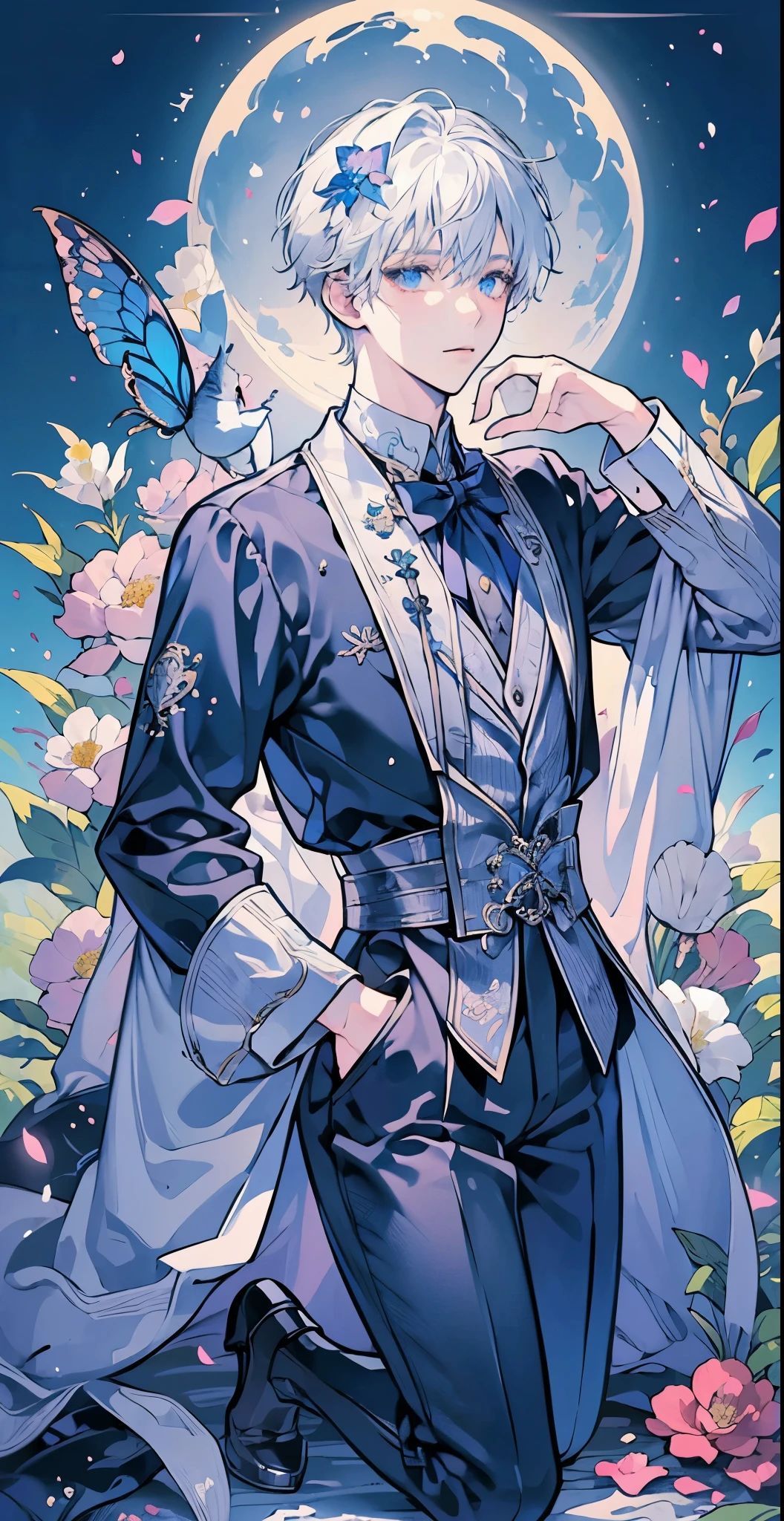 (masutepiece), (Best Quality), Highly detailed, (One boy:1.4), full body photographed，Perfect face, Beautiful face, extra detailed face，white  hair，Mare，butterflys々，flower petals，optic，waterface，a moon，Fantasia，fanciful，mystical