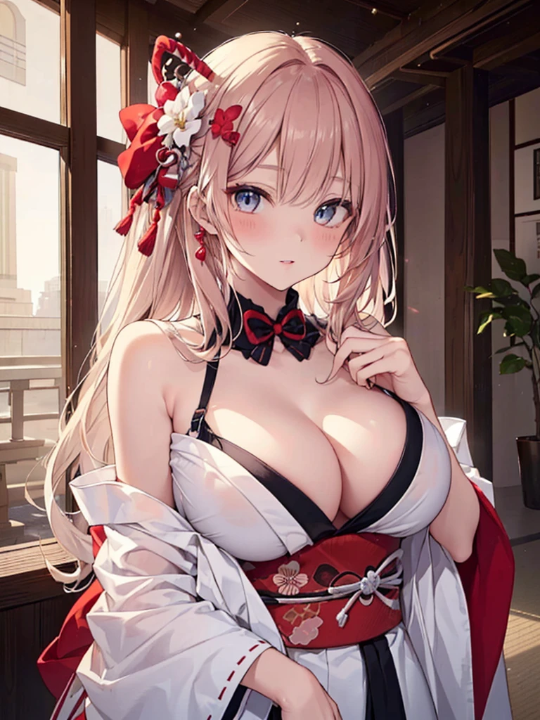 (masutepiece, Best Quality: 1.4), (max resolution: 1.2), (Ultra HDTV: 1.2), cinematric light, 8K resolution, Detailed eyes and skin, detailed facial features, Perfect limbs, Perfect fingers, Anatomically accurate body, Fingers in natural shape, Realistic texture, (The focus is on the entire upper body:1.7), (30-years old), (Beautiful kimono, beautiful kimonos:1.3), (Mature Pose:1.1), Perfect Style, (Beautiful face, kawaii eyes, Clear eyes, realisticeyes), acurate, Anatomically correct, Highly detailed face and skin texture, Detailed eyes, Double eyelids, Thin eyebrows, Glitter Eyeliner: 1, Natural cheeks, Glossy skin, Fair skin: 1.2, (Glossy lips: 1.4), (Shy look: 1.2), (#Slim waist), Full body like:1.8, (red blush, embarrassed from:1.1), (shiny lips: 1.1), (large full breasts:1.7), red blush, Neat and clean woman, ((25-years old)), person flowing diagonally, Brown hair, curlyhair, Fetishes, Lustrous hair), (Cute hair ornament),