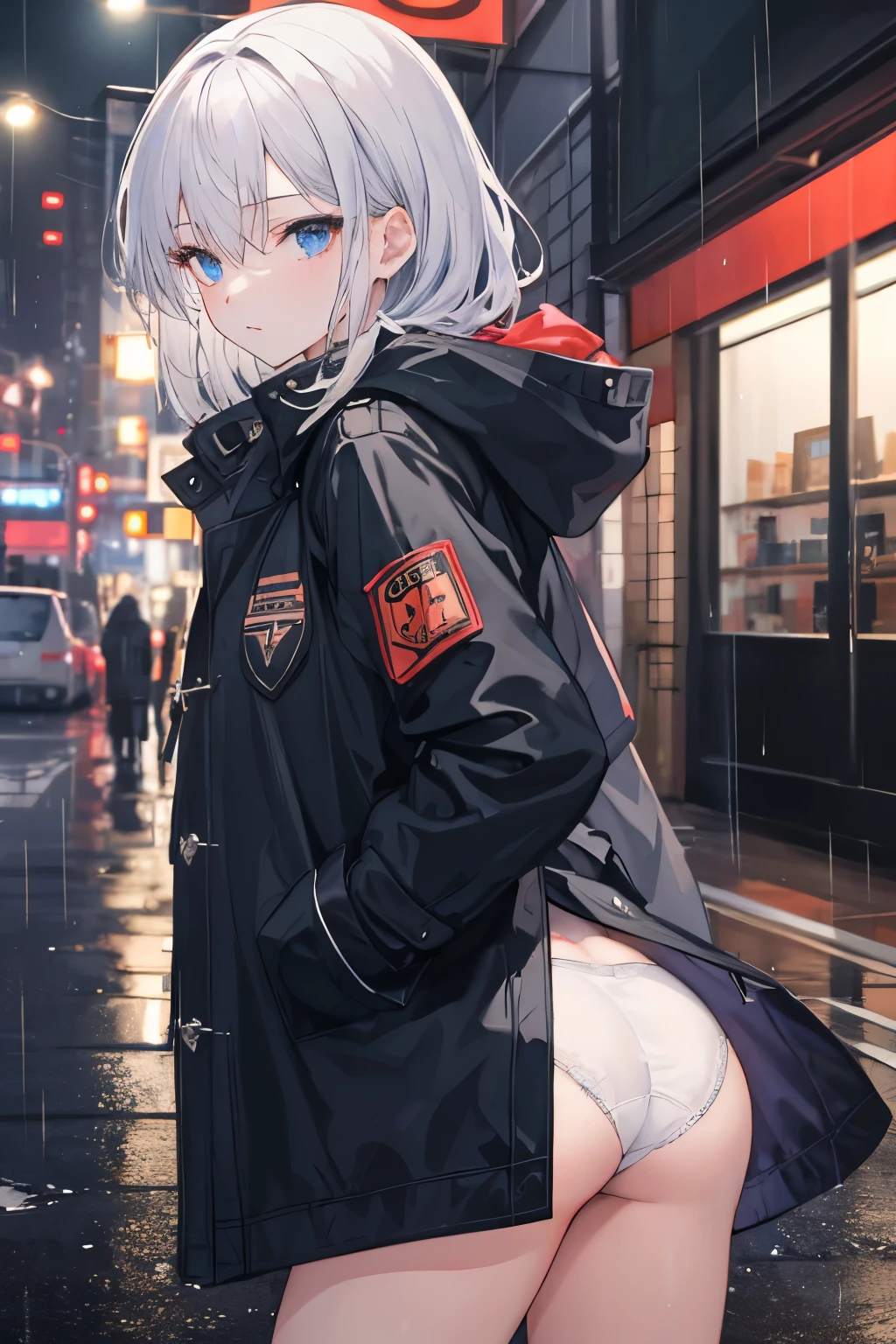 masterpiece, best quality, 1 girl, night city, rain, coat, detailed face, detailed eyes, beauty eyes, looking at viewer, hands in pockets, ass bent, reveling white panties