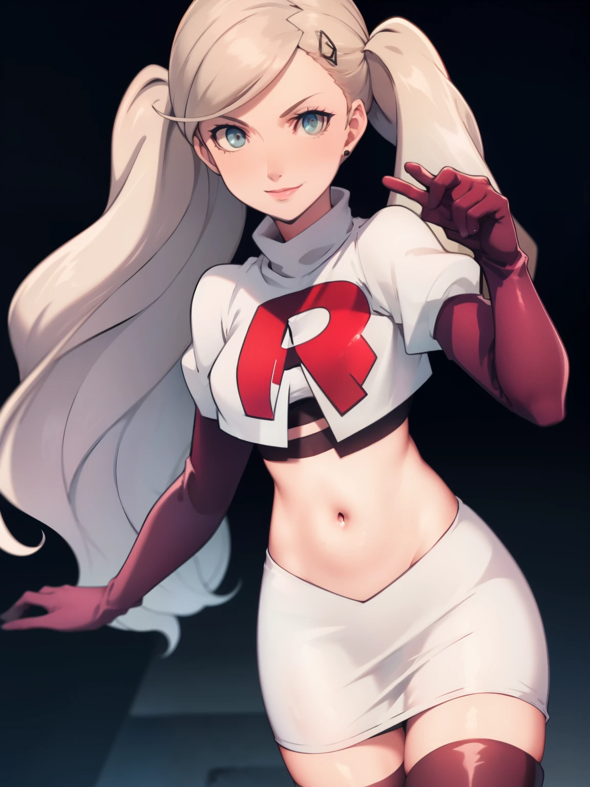 AnnTak, glossy lips ,team rocket uniform, red letter R, white skirt,white crop top,black thigh-high boots, black elbow gloves, evil smile, looking at viewer, cowboy shot