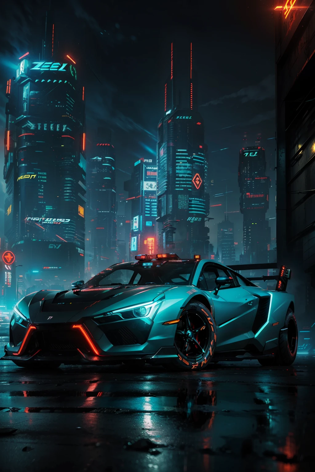 a 3/4 front view of ((futuristic cyberpunk hotrod zeekars)) (with glowing tires), at the parking lot