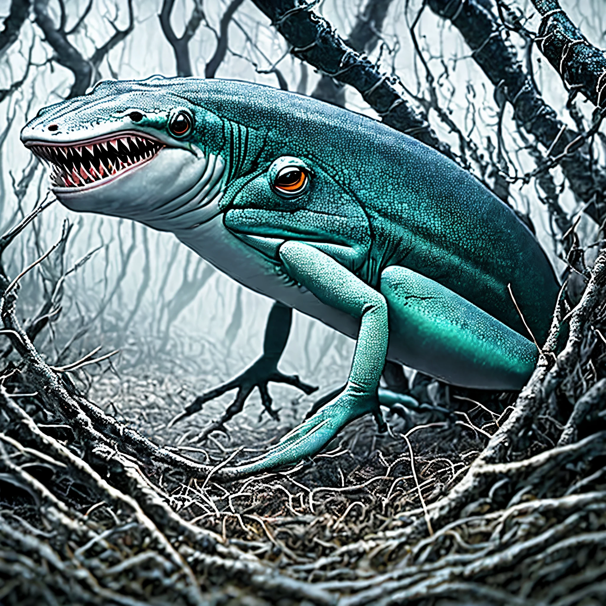 (best quality, ultra-detailed, realistic:1.37), creepy shark-frog hybrid, bug parts, stalking forest, seeking prey, dark and eerie atmosphere, dense fog, haunting shadows, glowing eyes, twisted limbs, sharp teeth, menacing presence, unnatural movements, eerie silence, abandoned forest, tangled vines, decaying trees, moonlit clearing, trembling leaves, hushed whispers, chilling gusts of wind, mysterious creature, unsettling presence, lurking danger, tension-filled anticipation, surreal blend of aquatic and amphibian features, gills, webbed feet, bulging eyes, insect-like exoskeleton, slimy skin, spine-chilling croaking, surprise attacks, primal instincts, otherworldly strength, shivers down the spine, heart-pounding fear, relentless pursuit