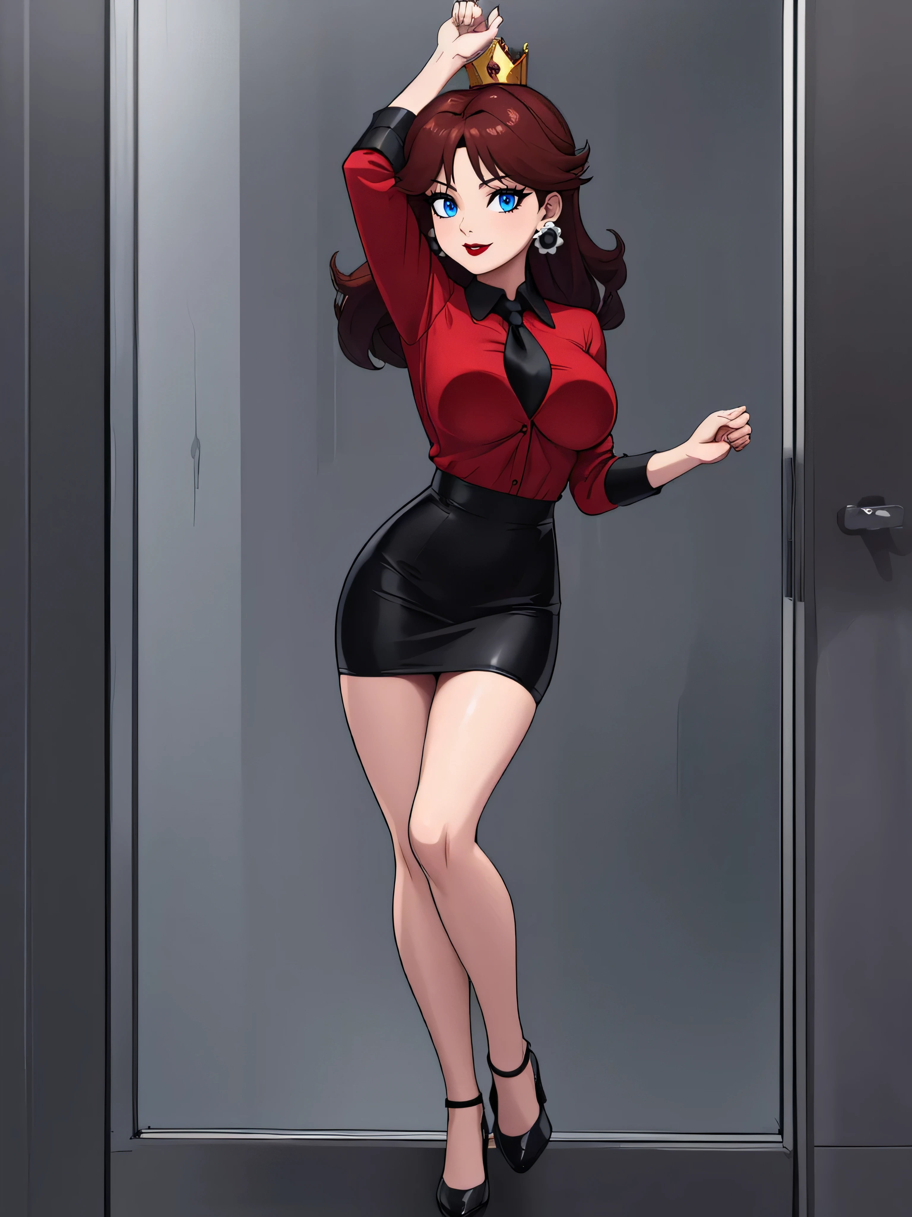 ((high detailed, best quality, 4k, masterpiece, hd:1.3)), (in wooden sauna), indoors, Princess Daisy, hands on glass, body on glass, window fog, water drop, (front at viewer), neon blue eyes, BREAK blue eyes, seductive, attractive, sexy smile, smiling, smooth anime cg art, 36C breasts, long legs, vivid colors, detailed digital art, slim body, perfect skin, dark red hair, long hair, dark hair, red hair, BREAK crown, cleavage, 36C cleavage, looking at viewer, BREAK looking at viewer, extremely detailed face, black necktie, tight red skirt, red suit, red jacket, black shirt, red pencil skirt, mini red skirt, full body, (red high heels), earrings, gem, dark black makeup lips, dark gothic eyeshadows, dark eyeshadows, black eyeshadows, black sexy lips, black lips, (dark:1.2), dark lips, very dark lips, (perfect hands, perfect anatomy), black makeup, black medium lips, black thick lips, detailed fingers, five fingers per hand, 5 fingers, (1 girl), detailed lips, detailed black lips, black painted lips, gothic painted lips, (breast focus), (breasts out:1.3),