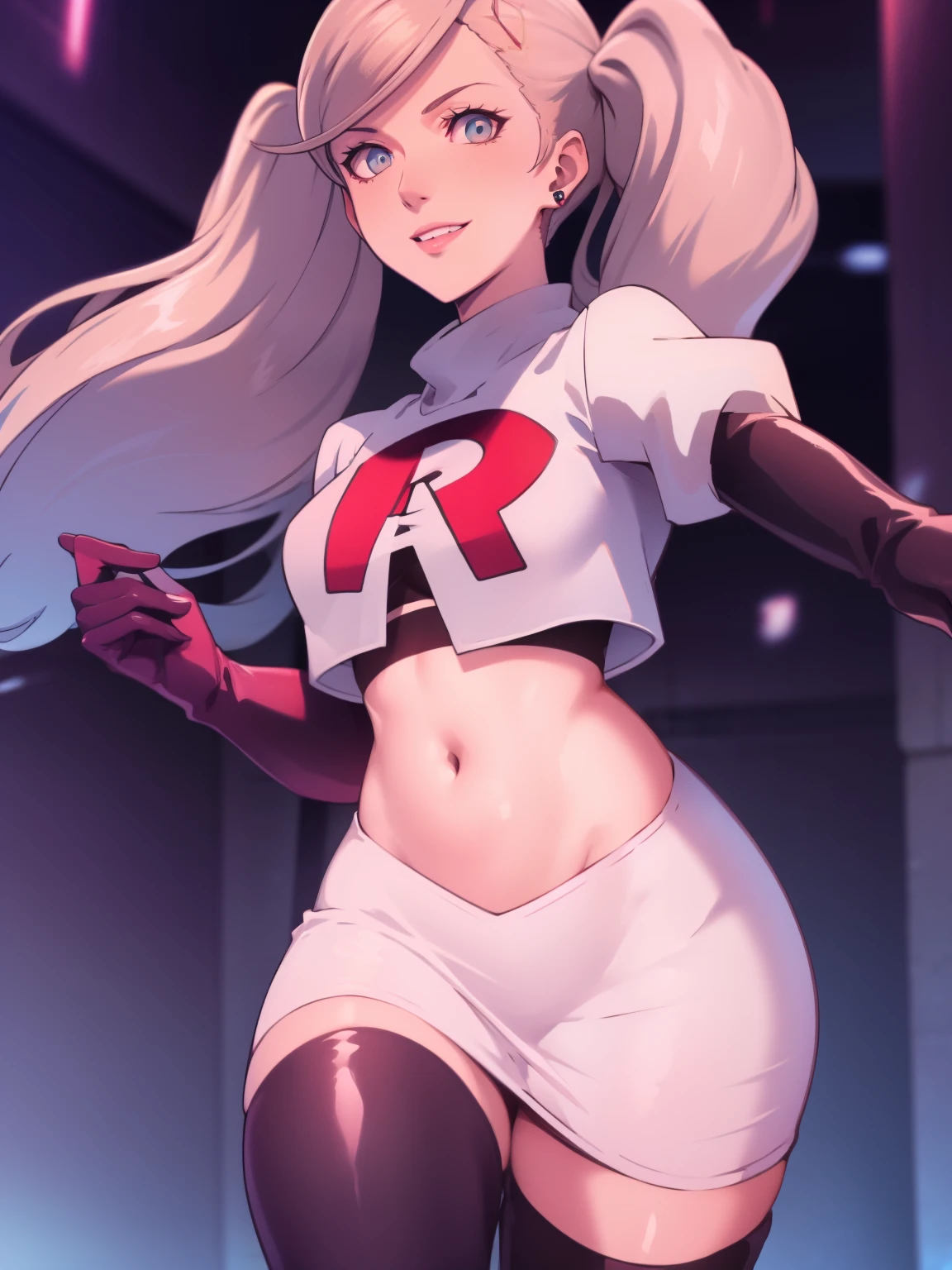 AnnTak, glossy lips ,team rocket uniform, red letter R, white skirt,white crop top,black thigh-high boots, black elbow gloves, evil smile, looking at viewer, cowboy shot