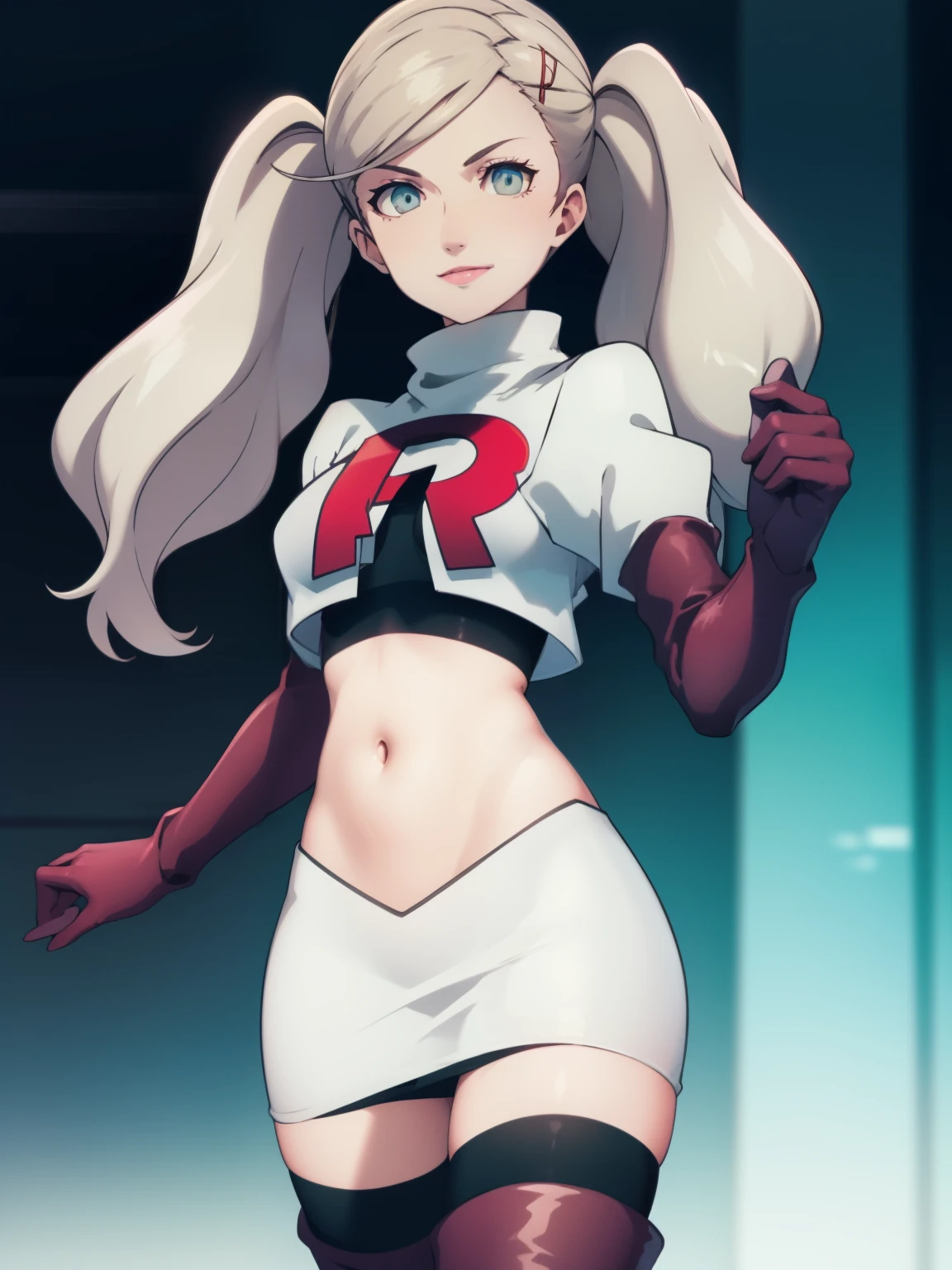 AnnTak, glossy lips ,team rocket uniform, red letter R, white skirt,white crop top,black thigh-high boots, black elbow gloves, evil smile, looking at viewer, cowboy shot