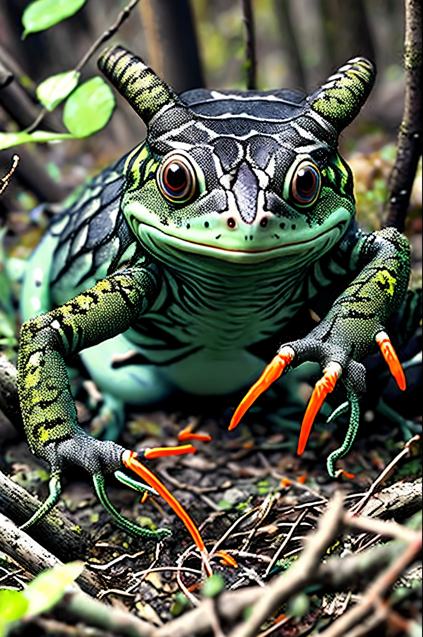 (best quality, ultra-detailed, realistic:1.37), creepy shark-frog hybrid, bug parts, stalking forest, seeking prey, dark and eerie atmosphere, dense fog, haunting shadows, glowing eyes, twisted limbs, sharp teeth, menacing presence, unnatural movements, eerie silence, abandoned forest, tangled vines, decaying trees, moonlit clearing, trembling leaves, hushed whispers, chilling gusts of wind, mysterious creature, unsettling presence, lurking danger, tension-filled anticipation, surreal blend of aquatic and amphibian features, gills, webbed feet, bulging eyes, insect-like exoskeleton, slimy skin, spine-chilling croaking, surprise attacks, primal instincts, otherworldly strength, shivers down the spine, heart-pounding fear, relentless pursuit