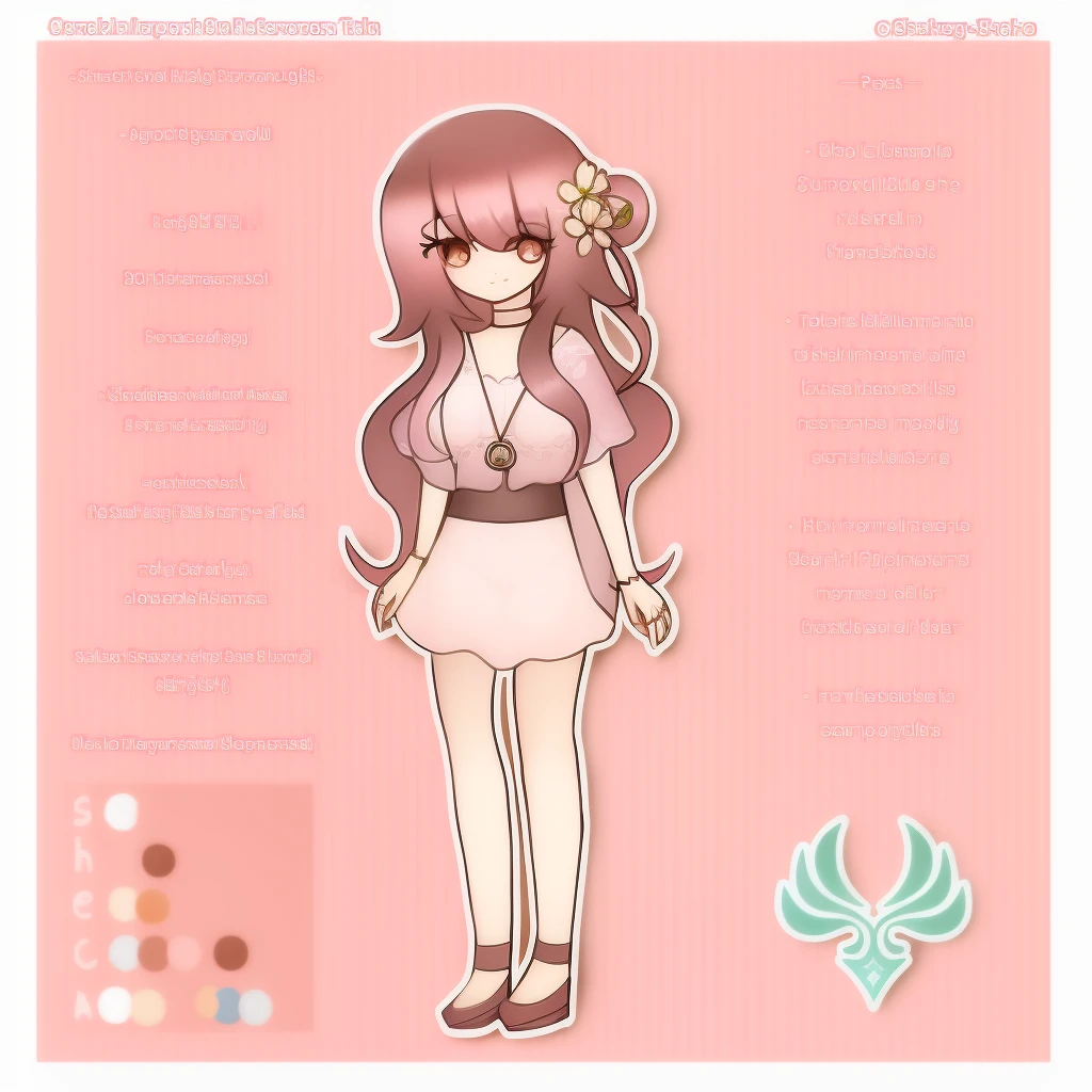 brownish dark pink hair wearing rose alampay pink dress, anime character reference sheet, reference sheet, full body!, [ character design ], design sheet, character reference sheet, long Pale brownish pink hair with sampaguita one hair bun (one right next sampaguita on her hair) with and golden brown eyes, single character full body Genshin style, , official artwork, CG, art Tala/>~Gender : Female~Size : medium female~Rarity: 5★~Weapon: , Catalyst~Element: Anemo~Nation: Mondstadt ((she is born in Sumeru and Raised in Mondstadt)) good art she is eighteen years old body young lady