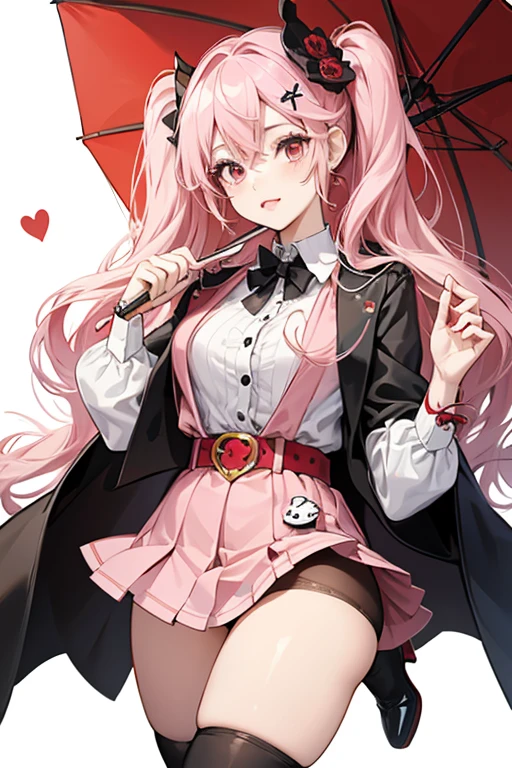 Perona is a short young woman with unusually big, round eyes, and she has long, light pink hair that she keeps tied into two pigtails with black and white flower hairpins. She wears a red crown with a black cross on her head, as well as red lipstick and a thick layer of black eyeliner. Her white long-sleeved three different black heart shapes shirt was short enough to expose her belly. She wears a red mini cape with a pink ribbon on front. Her black and white striped tights completely cover her legs, and she wears a mini-skirt and a red and gold belt with a heart belt buckle, as well as red buckled boots. She usually keeps her toes pointing inwards in a pigeon-toed manner and carried around a red parasol shaped like a cute version of a mini devil