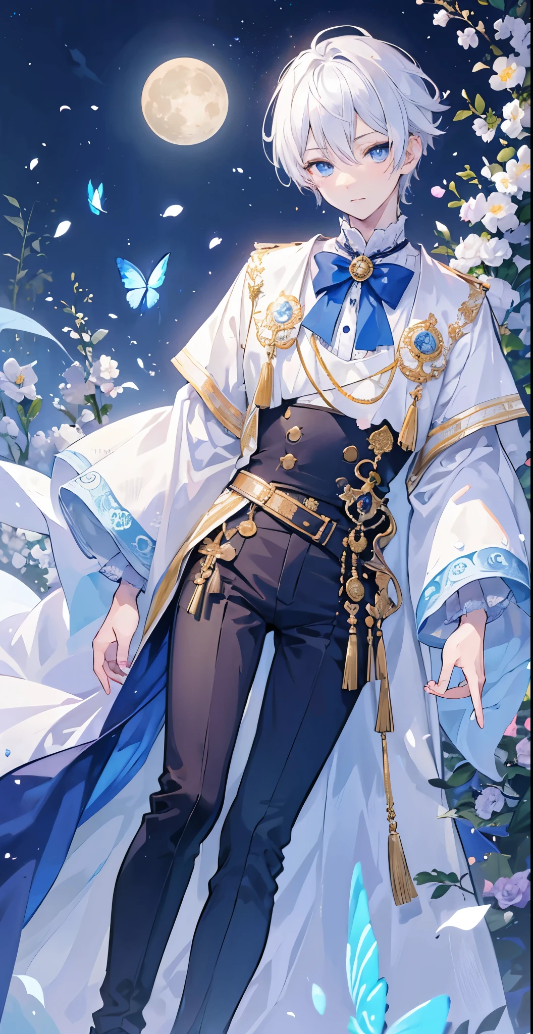 (masutepiece), (Best Quality), Highly detailed, (One boy:1.4), full body photographed,Perfect face, Beautiful face, extra detailed face,white hair,Mare,butterflys々,flower petals,optic,waterface,a moon,Fantasia,fanciful,mystical