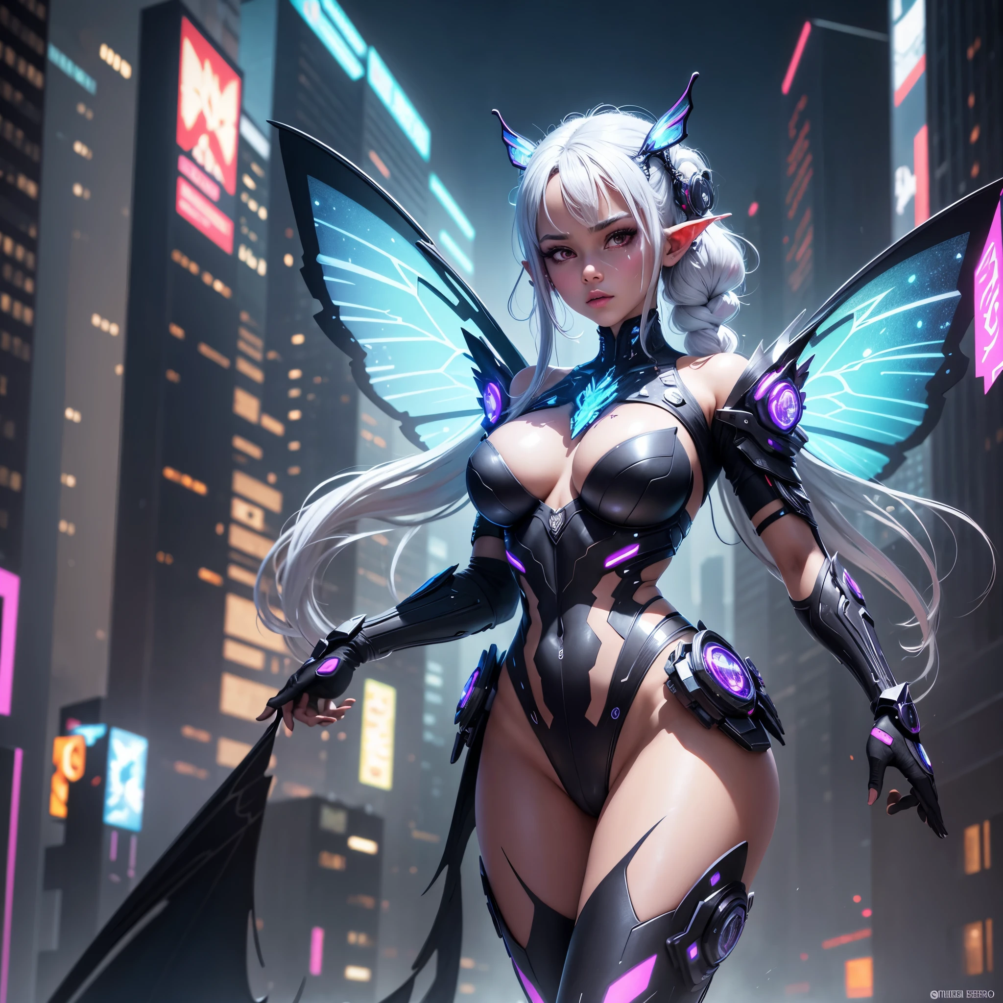 8k, ultra high definition, unreal engine, ultra detailed, ultra high resolution, ultra focus, beautiful girl, dark skin, elf ears, nebula eyes, forehead horns, white hair, braided hair, cyberpunk nose mask, gorgeous thick body, cyberpunk clothes, transparent butterfly, cyberpunk city, beautiful cyber wings pattern, ultra giant butterfly wings, ultra giant butterfly wings, ultra detailed body, ultra detailed clothes, ultra detailed skin, ultra detailed hands, ultra detailed fingers, ultra detailed wings, front view,