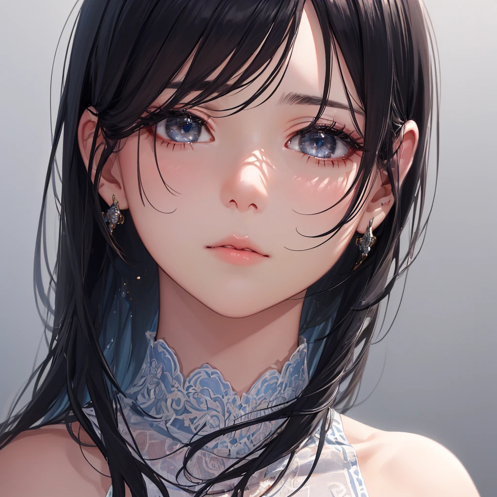 (best quality, masterpiece, wallpaper, highres), 4k, upper body portrait, (1girl, serius girl, serius expression, finely detailed beautiful face, finely detailed lips, sharp face), dynamic angle, ((cinematic illumination)), (long hair, black hair, beautiful hair), (gray eyes, finely detailed beautiful eyes, long eyelash),