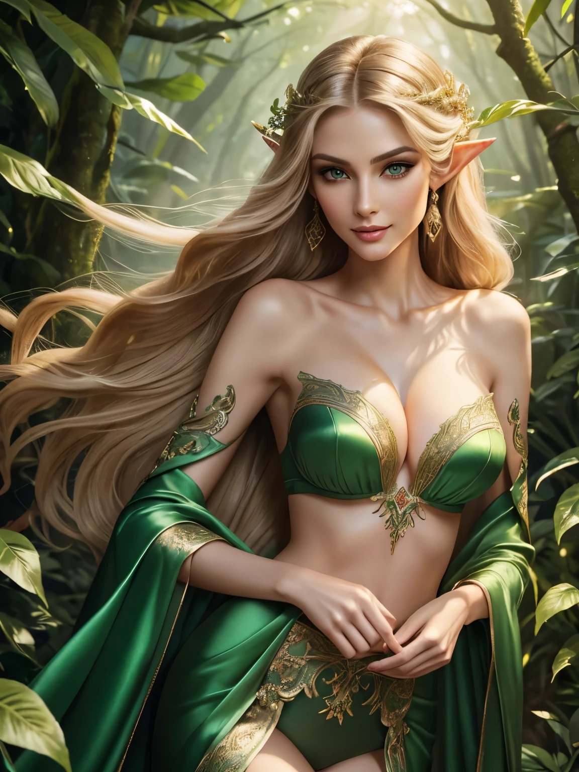 Masterpiece illustration, very detailed face, an immortal sexy elf with timeless beauty, long elegant slim face, defined cheekbones, stunning and beautiful smile, detailed eyeliner and eyeshadow, elegant light hair, enchanting and elegant, detailed full cleavage, very sexy slim figure, elegantly sexy, silk cape, vibrant green silk clothes, in a vibrant magical forest, ambient light, rim light,