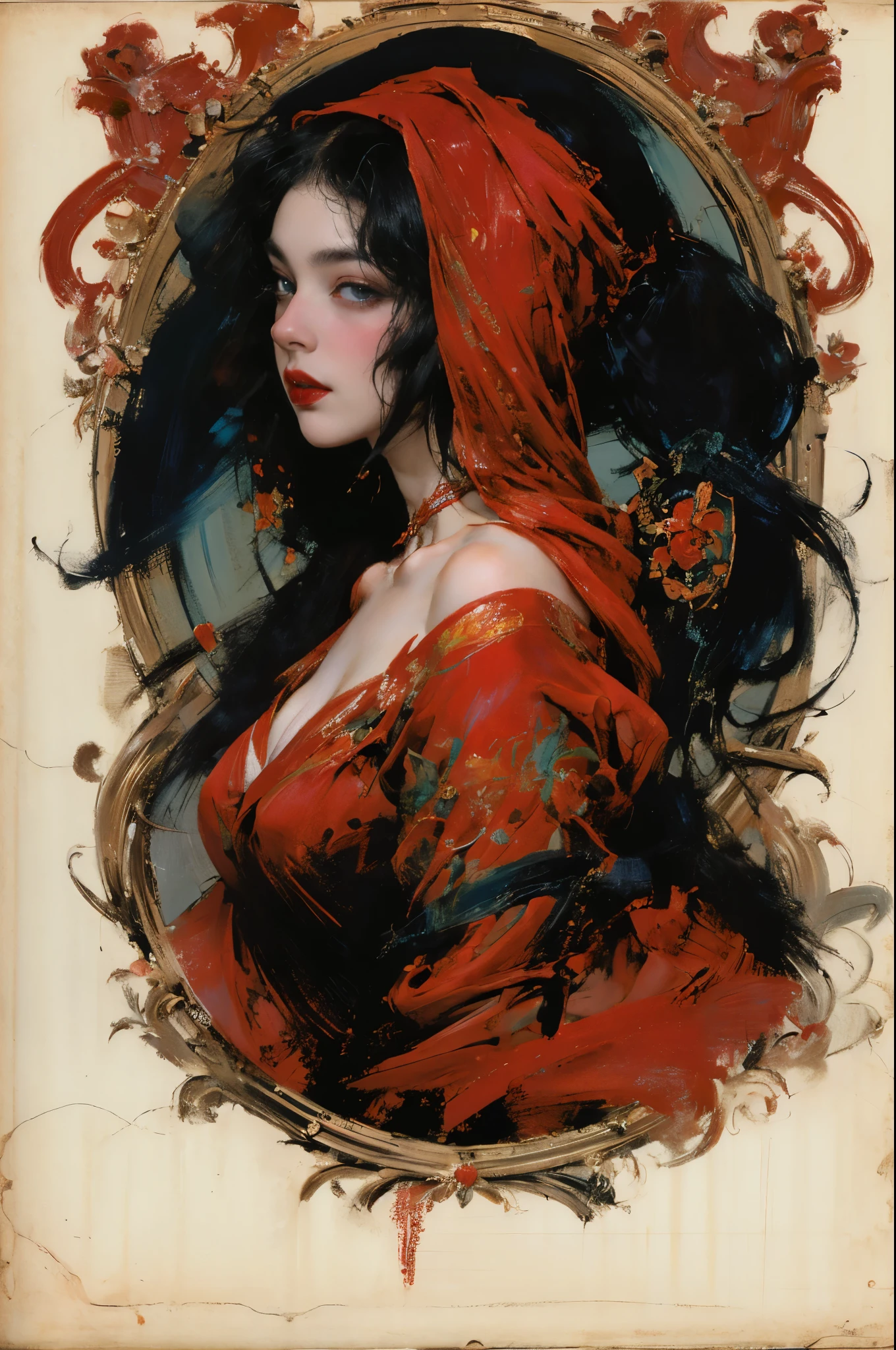 Mono Color,weight,NSFW,Upper part of the body,A nude devil woman with a black and white body stocking dress holding a red lip stick,Satan,succubi,eBlue eyes,Clothes detailed patterns,lacivious pose,spread legitimacy,Detailed Gothic background,dark fantasy background,Inspired by Robert McGinnis, Inspired by Gretel Stern, Takato Yamamoto’s style, Guido Crepax, Guido Crepax-style, Amano, Vanya Zoravlev, inspired by Leonor Fini, Long furry tail, Inspired by Takato Yamamoto.受到克里姆特和穆夏的inspired. beautidful eyes, beautiful detailed lips, Extremely detailed eyes and face, Long eyelash quality:1.2), ultra - detailed, (actual:1.37), oil painted, Color contrast, A high resolution, Black and white dress, red lip stick, Inspired by Robert McGinnis, Inspired by Gretel Stern, Yamamoto Takashi style, Guido Crepax style, Amano-inspired, Vanya Zoravlev-inspired, Leonor Fini'inspired, Long furry tail-inspired, Inspired by Takato Yamamoto, vibrant with colors, dramatic lights, eye-catching composition, fun atmosphere, Feminine elegance.Faki,oil painted,Impresionismo
