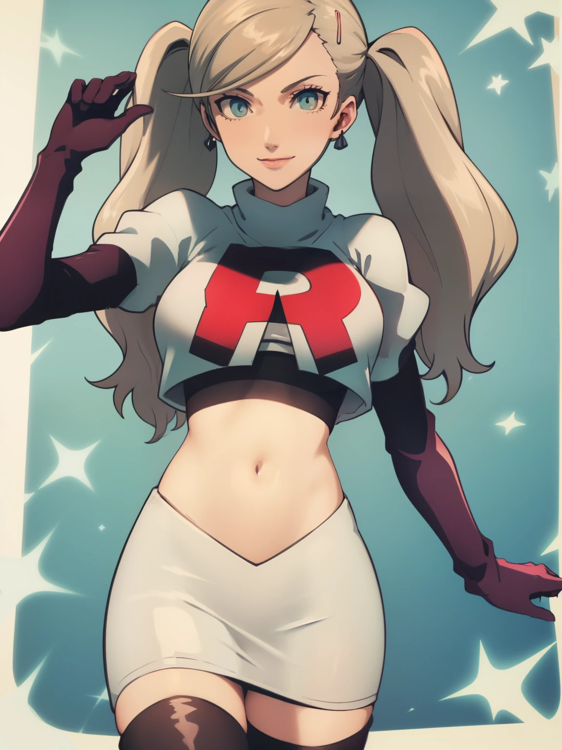 AnnTak, glossy lips ,team rocket uniform, red letter R, white skirt,white crop top,black thigh-high boots, black elbow gloves, evil smile, looking at viewer, cowboy shot