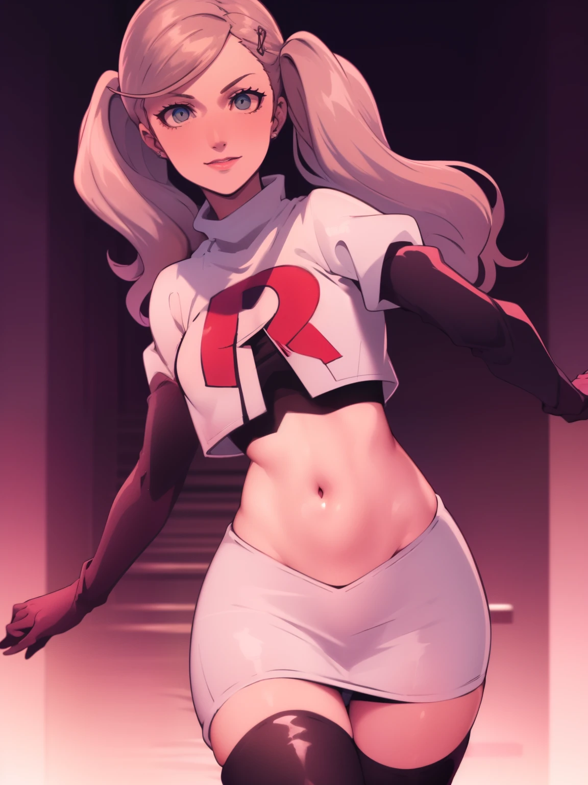 AnnTak, glossy lips ,team rocket uniform, red letter R, white skirt,white crop top,black thigh-high boots, black elbow gloves, evil smile, looking at viewer, cowboy shot