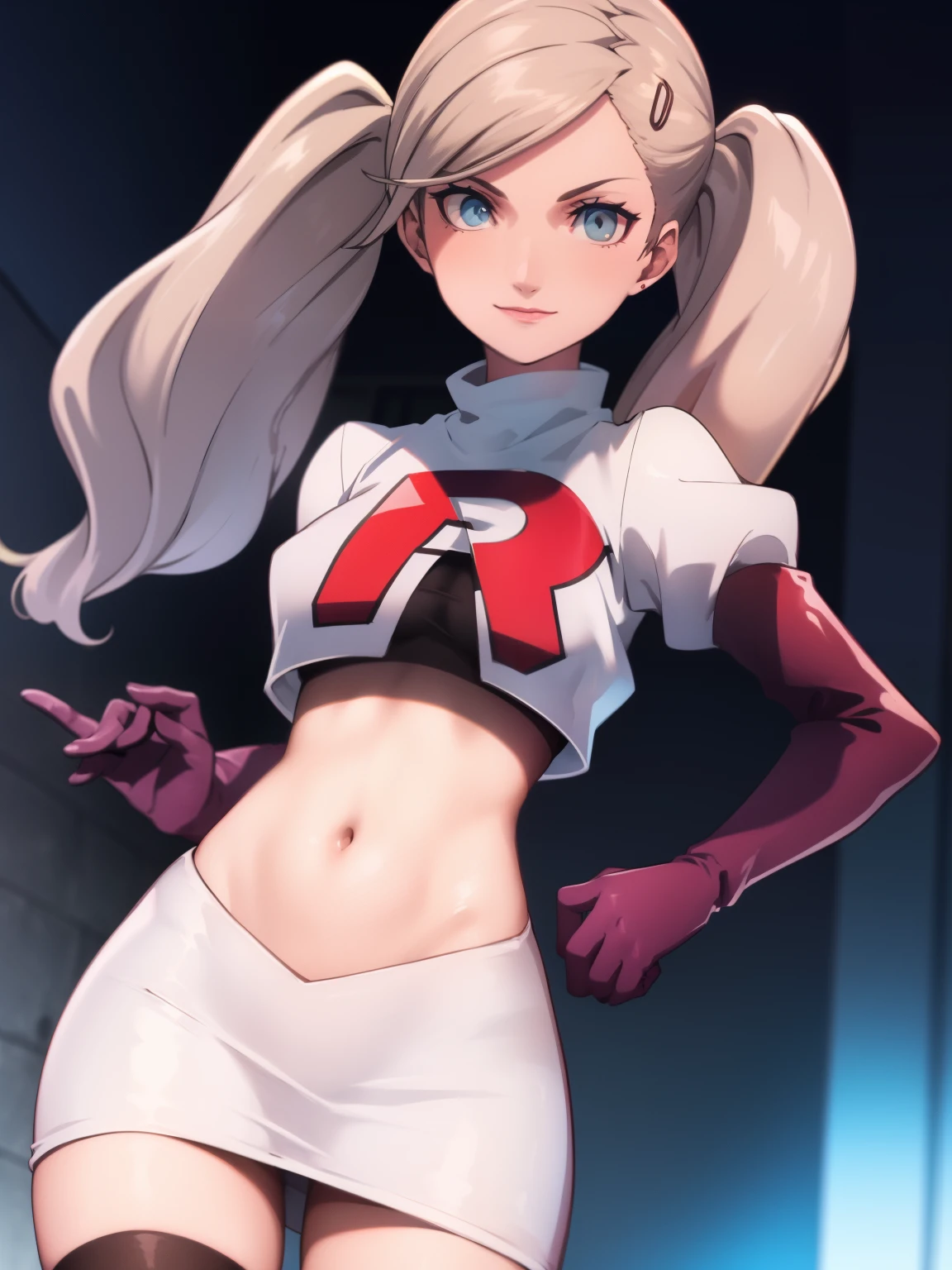 AnnTak, glossy lips ,team rocket uniform, red letter R, white skirt,white crop top,black thigh-high boots, black elbow gloves, evil smile, looking at viewer, cowboy shot