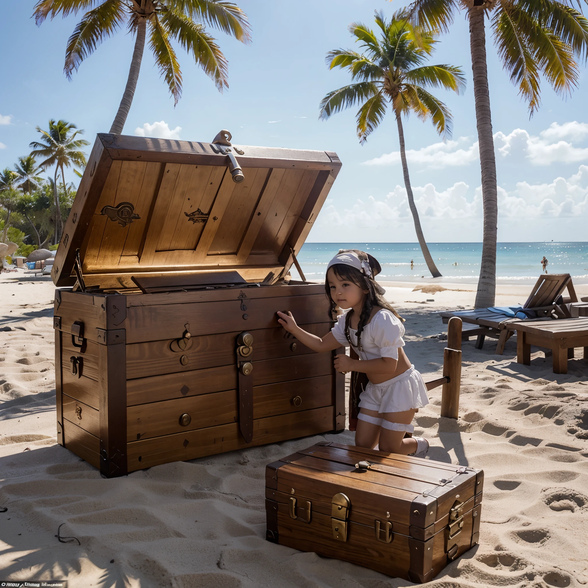 A white-skinned man and a girl in pirate clothes opened a treasure chest on a beach with palm trees