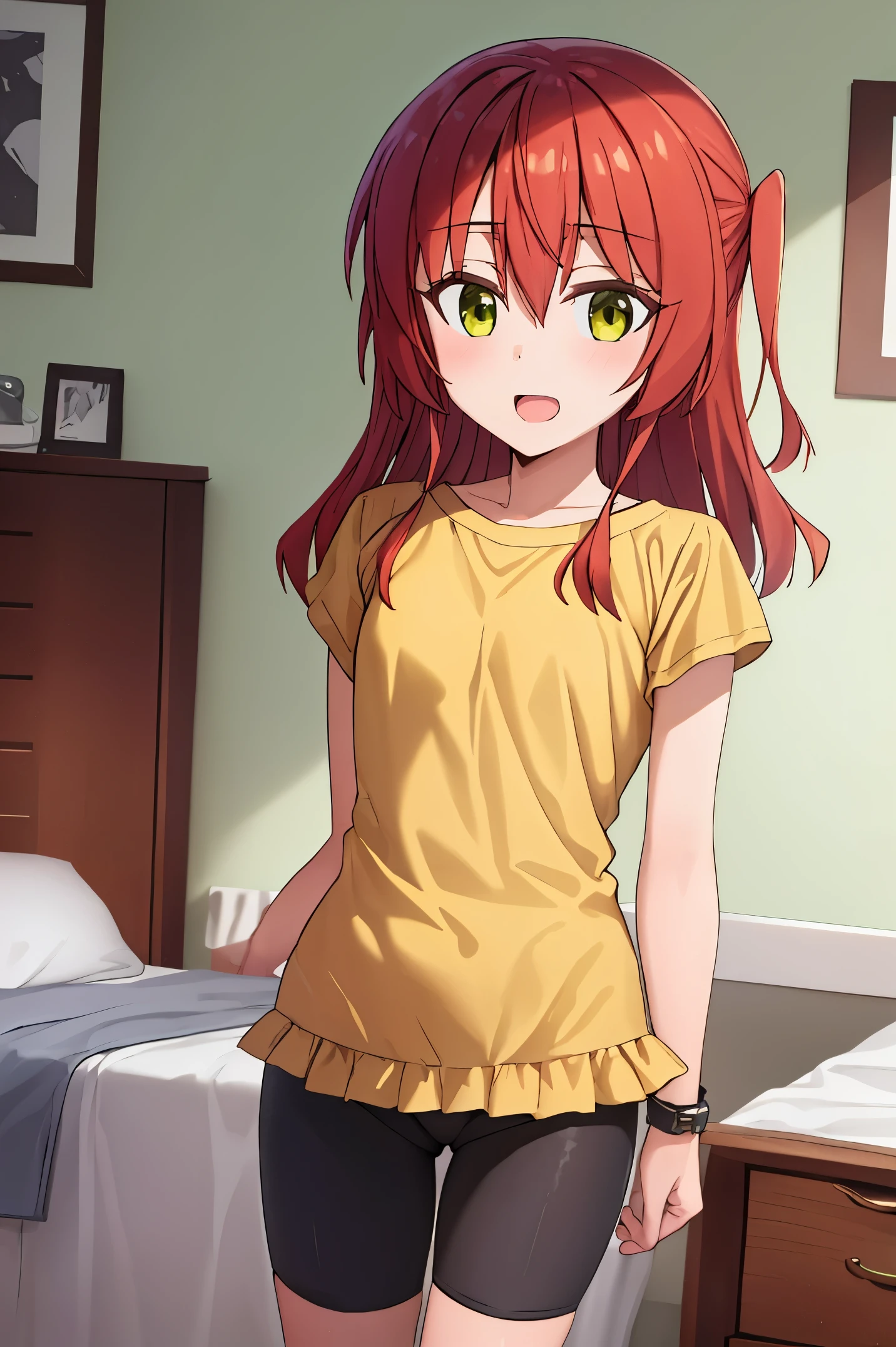1 girl, best quality, ultra high res, long hair, red hair, green eyes, looking at viewers, small breast, standing, pov, slim body, body, small body, smile, open mouth, yellow shirt, short sleeves, bike shorts, bedroom, white bed sheets,