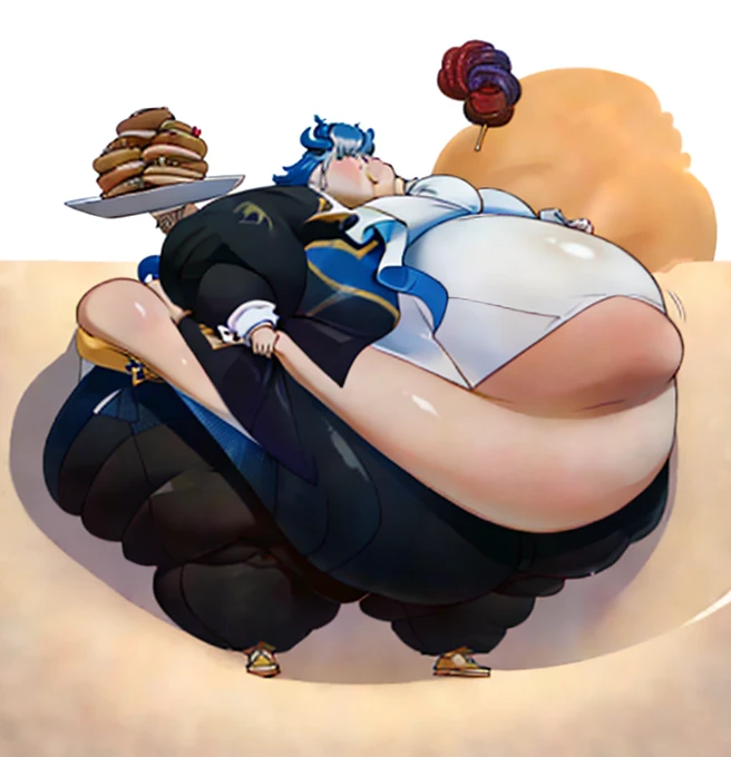 masterpiece, ((best quality)), 1boy, neuvillette, long hair, blue hair, suit ,ascot, Beautiful face and Eyes:1.4, background: Candyland,(high_aesthetic), ((WeightImmobile:1.6)), ((Wide Hips:1.3)), ((Large Round Belly:1.4)), Thick thighs, ((Large Ass)), ((Fat Blob)),Embarrassed, being Surrounded by food , Sumo:1.4