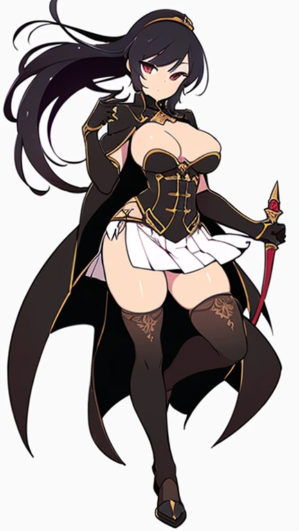 (((Best Quality))) , ((full body)), female, reference sheet, solo, (white background), holding staff, gloves, slit trench skirt, bareback,
