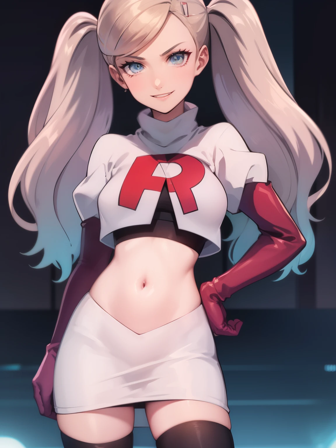 AnnTak, glossy lips ,team rocket uniform, red letter R, white skirt,white crop top,black thigh-high boots, black elbow gloves, evil smile, looking at viewer, cowboy shot