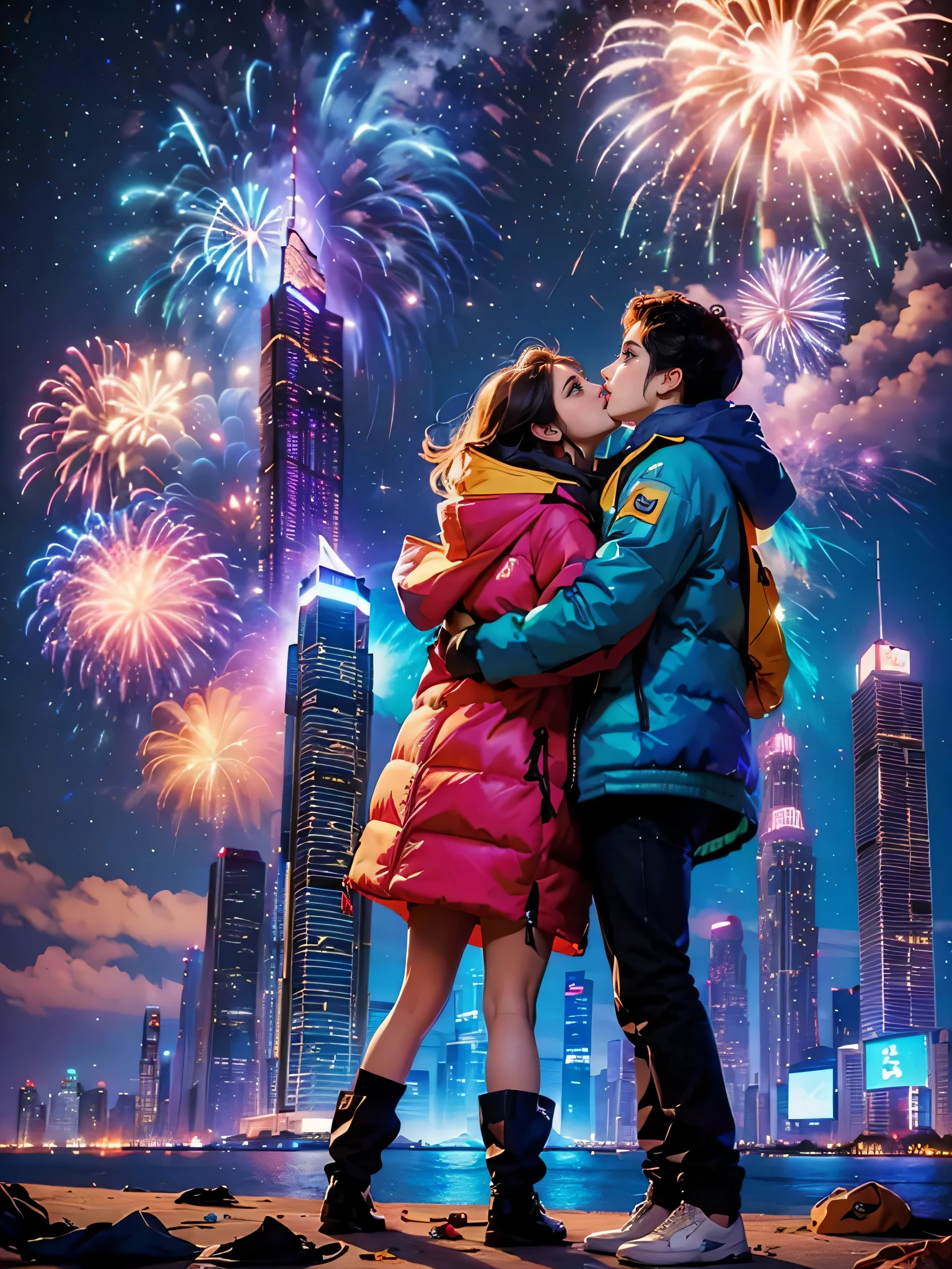 A stunning photo captures this wonderful New Year&#39;s Day concert performance，nigh sky，gorgeous color，(Concert scene)，(crowd of)，milky ways，(skyscrapers on the shore:1.5)，(city night scene:1.2)，(Couple hugging in down jackets:1.5)，Watch the fireworks，Detail and color reproduction，Grand celebration、brilliant colorful、Happy mood、Fireworks explosions、Sparkling fireworks atmosphere、permanent memory，((Anatomical correct，Accurate and perfect facial features))