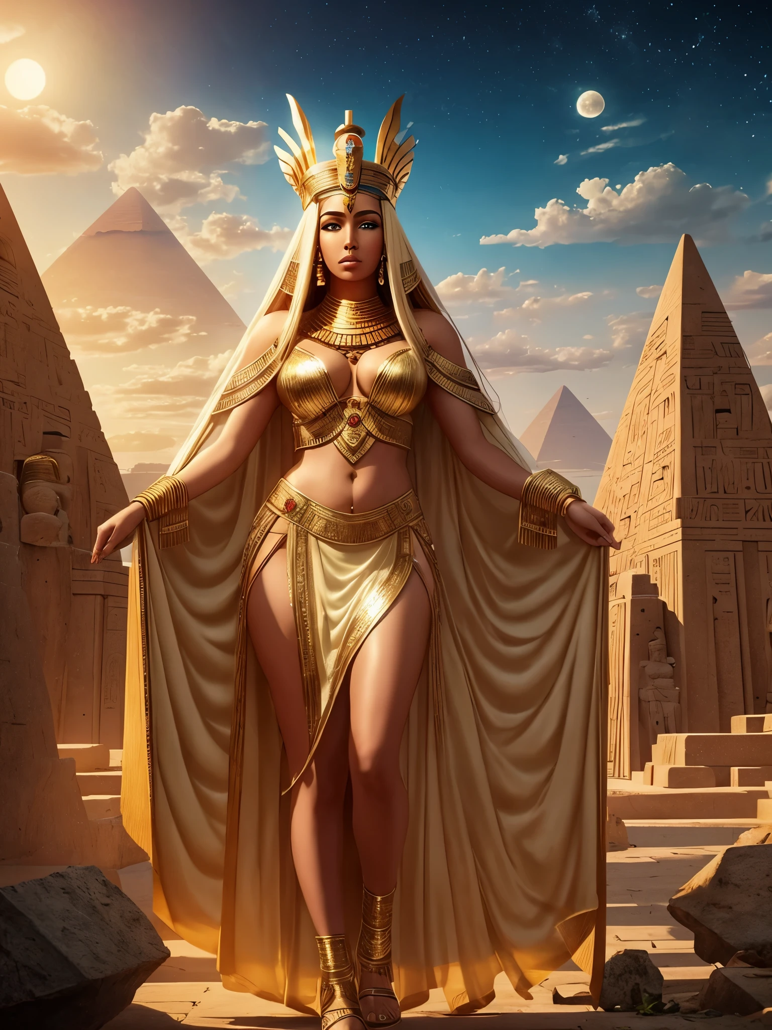 a highly detailed Egyptian tomb interior, intricate hieroglyphics covering the walls, a grand ornate doorway leading out to a vast desert landscape, a beautiful, busty Egyptian priestess of Anubis standing in the doorway, extremely detailed facial features, detailed clothing, jewelry and headdress, realistic skin textures, dramatic lighting, vibrant colors, photorealistic, 8k, best quality, cinematic, masterpiece