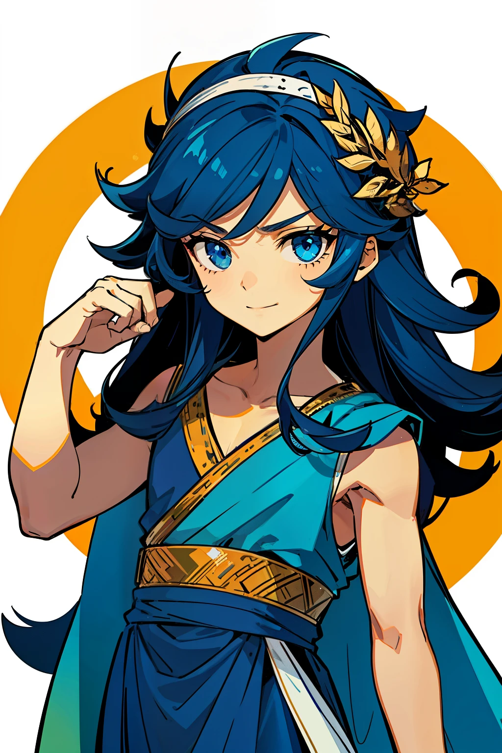 (high-quality, breathtaking),(expressive eyes, perfect face) 1boy, boy, solo, child, age 6 years old, dark blue hair, blue coloured eyes, stylised hair, gentle smile, medium length hair, loose hair, side bangs, curley hair, really spiky hair, looking at viewer, portrait, ancient greek clothes, blue black and white tunic, white Chlamys, sleeveless, greek, blue and gold sash, music inspired background, related to Orpheus, hair accessory blue, 36½ inches tall, chibi art style