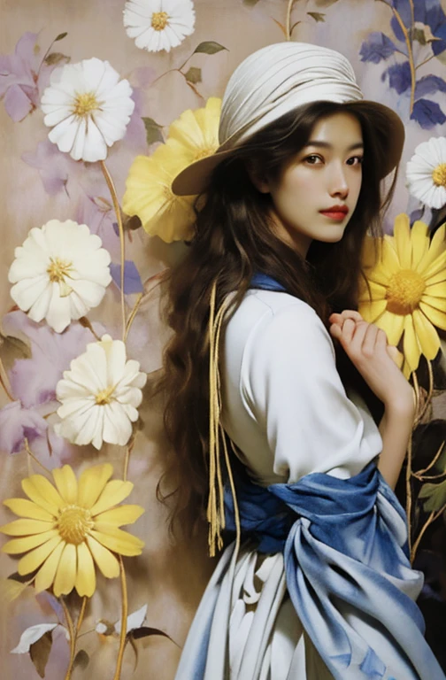 portrait of beautiful women in muddy farm:1.2 , cowboy hat, fringed waistcoat , trousers, scarf , confidence , medium breast, arafed woman with long hair standing in front of a yellow wall, masami kurumada, by Yamagata Hiro, porcelain pale skin, pale porcelain white skin, porcelain skin. studio ghibli, kim hyun joo, makoto kobayashi, by Kentaro Miura, naoya tanaka, jingna zhang, krenzcushart