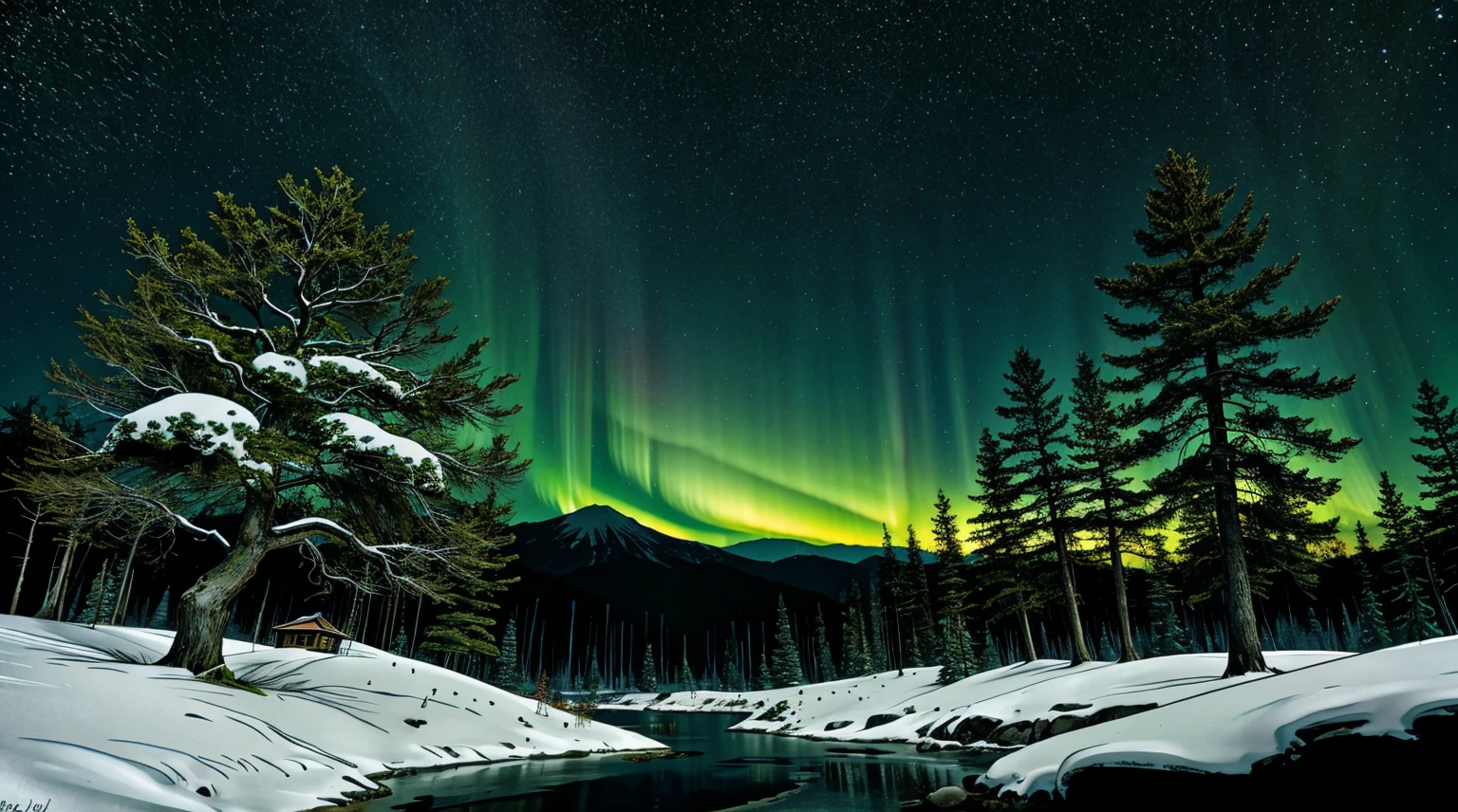 Fantasy forest with japanese maple tree, snow, northern lights,