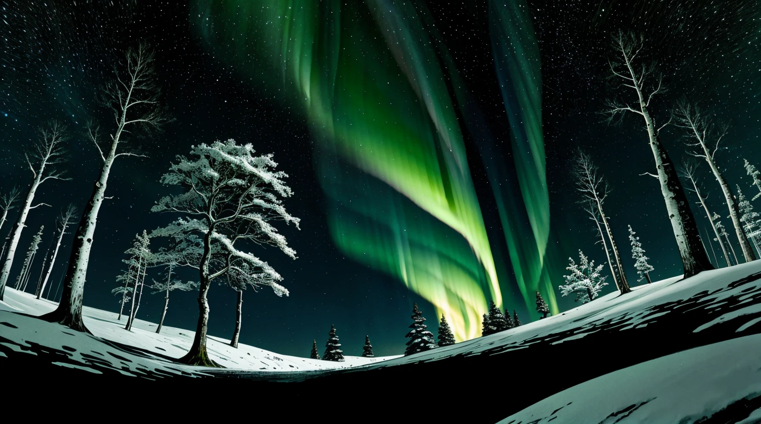 Fantasy forest with japanese maple tree, snow, northern lights,