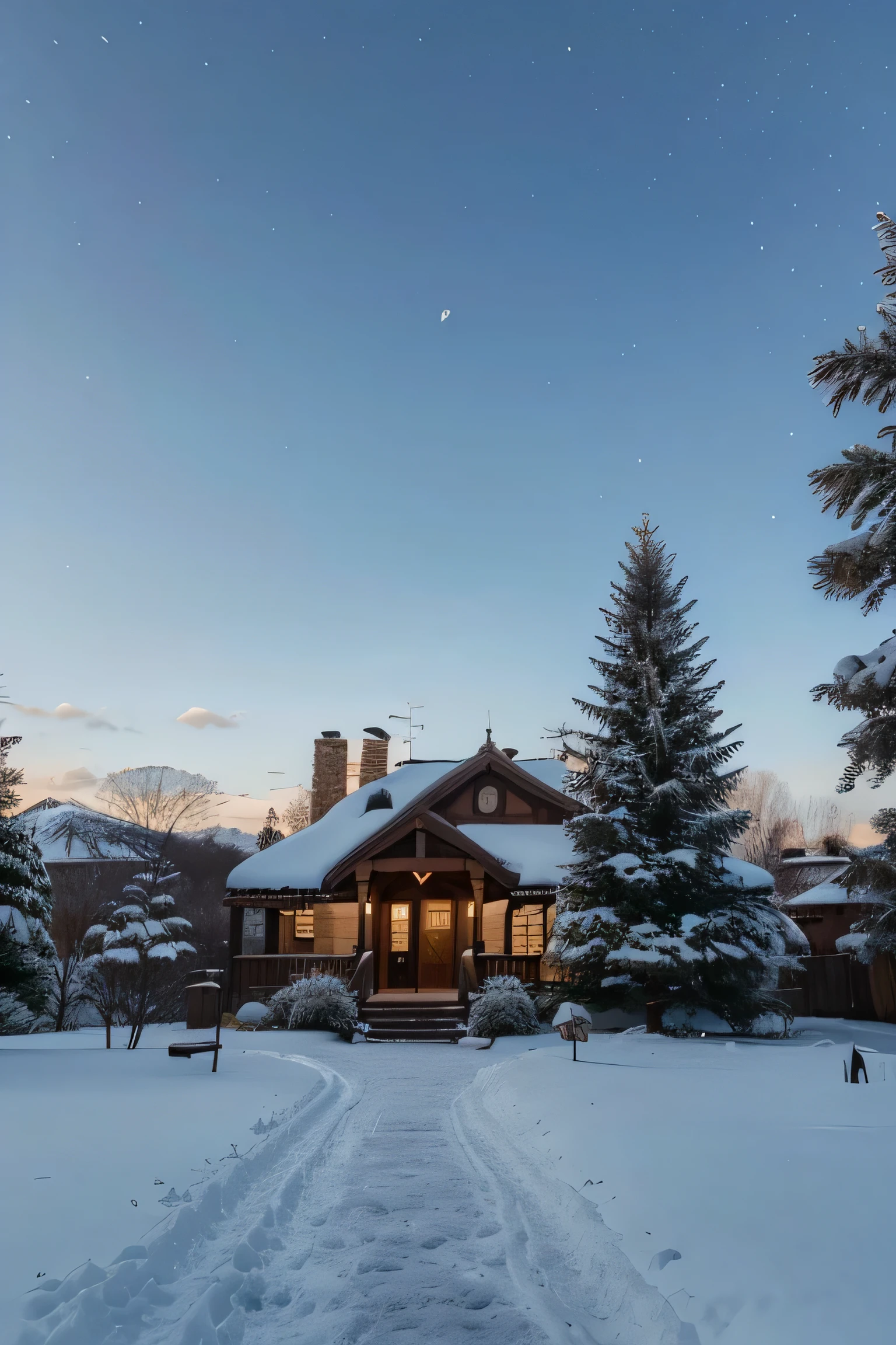 (La mejor calidad,4k,8k,Altas Resoluciones,Obra maestra:1.2), Ultra detallado, realista, 8k, dream fairy tale, christmas tree, invierno, cute design, Casa acogedora, Winter Wonderland, Campo de nieve, luna, De color, Estrellas, dreamy atmosphere, hermosa escena