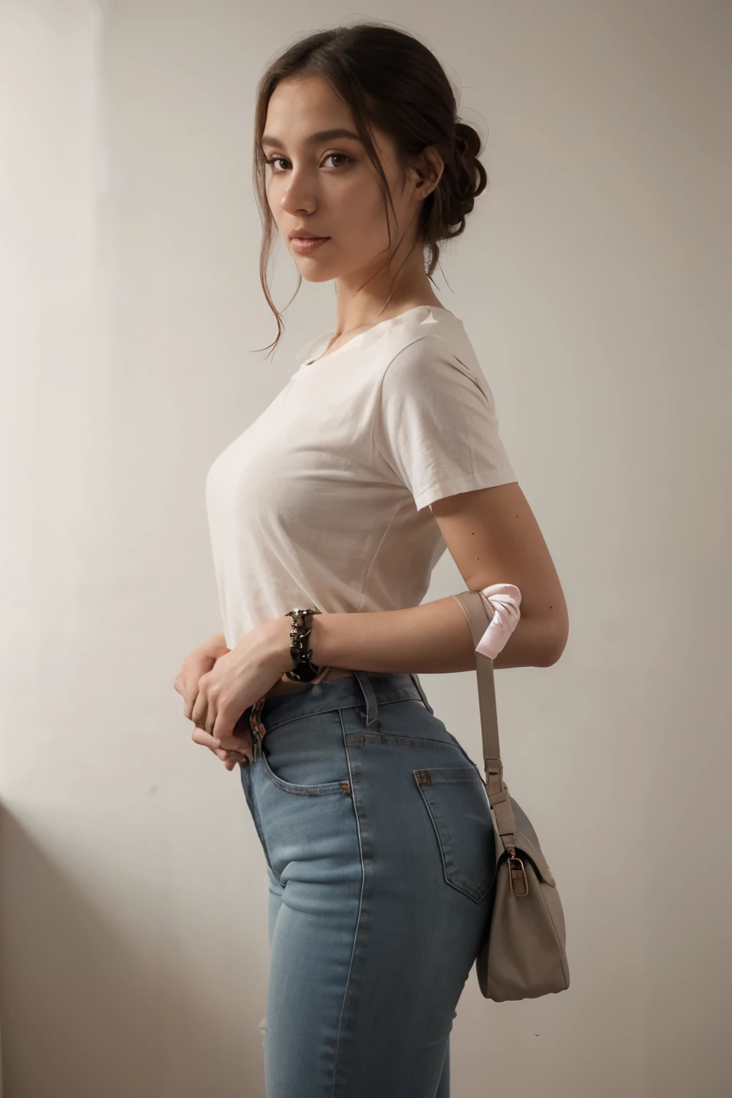 A woman is imprisoned and tied up、(((Hands are behind the back with wrists crossed)))、(My wrists are tied with a thin rope)、Beauty、Well-formed face、Make your eyes even、Inside the mountain hut、Back view、White short sleeve shirt、Navy Semi-Long Skirt、Sit on the floor by the window、Age 25、Medium build、Small face、as in real life、Highest quality、