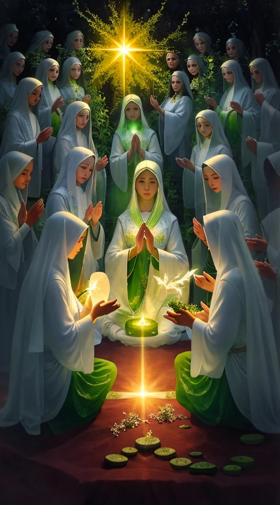 Create a grandiose painting capturing the profound faith and devotion of a group of elderly female believers on their pilgrimage to worship the sacred cucumber. Show them kneeling in prayer, their faces etched with deep reverence and devotion.

In the background, depict a boundless and ethereal holy light that emanates from the sacred cucumber, symbolizing its divine presence and power. Let the light fill the scene with a sense of transcendence, illuminating the believers and casting a serene glow over the landscape.

Surround the believers with lush greenery and blooming cucumber plants, creating a sacred garden that embodies fertility and abundance. Incorporate delicate tendrils and flowers to represent the cucumber's vitality and growth.