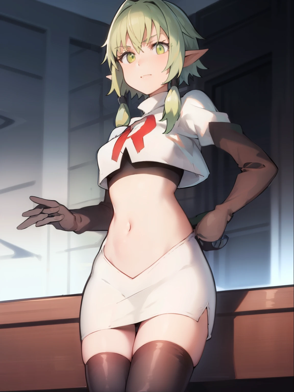 best quality, (masterpiece:1.2), detailed,
1girl, solo, pointy ears,
green hair, green eyes, short hair, short hair with long locks,
team rocket,team rocket uniform, red letter R, white skirt,white crop top,black thigh-highs,black elbow gloves