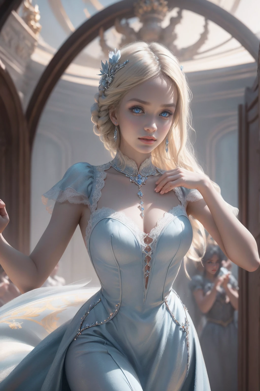 { - erro de anatomia}(Masterpiece - Ultra-Detailed, High Resolution) Prepare to be enchanted by a true masterpiece that combines ultra-detailed art with high-resolution rendering. This work shows a mesmerizing girl with long blonde hair (1.3) and captivating light blue eyes (1.2), emanating an aura of elegance and mystery. The intricate details and realistic textures invite you to explore every aspect of this enchanting composition. Girl wearing classic Victorian costumes. Light blue dress. Red lips. Dancing lightly. Get ready to dive into a world where beauty and craftsmanship merge perfectly.